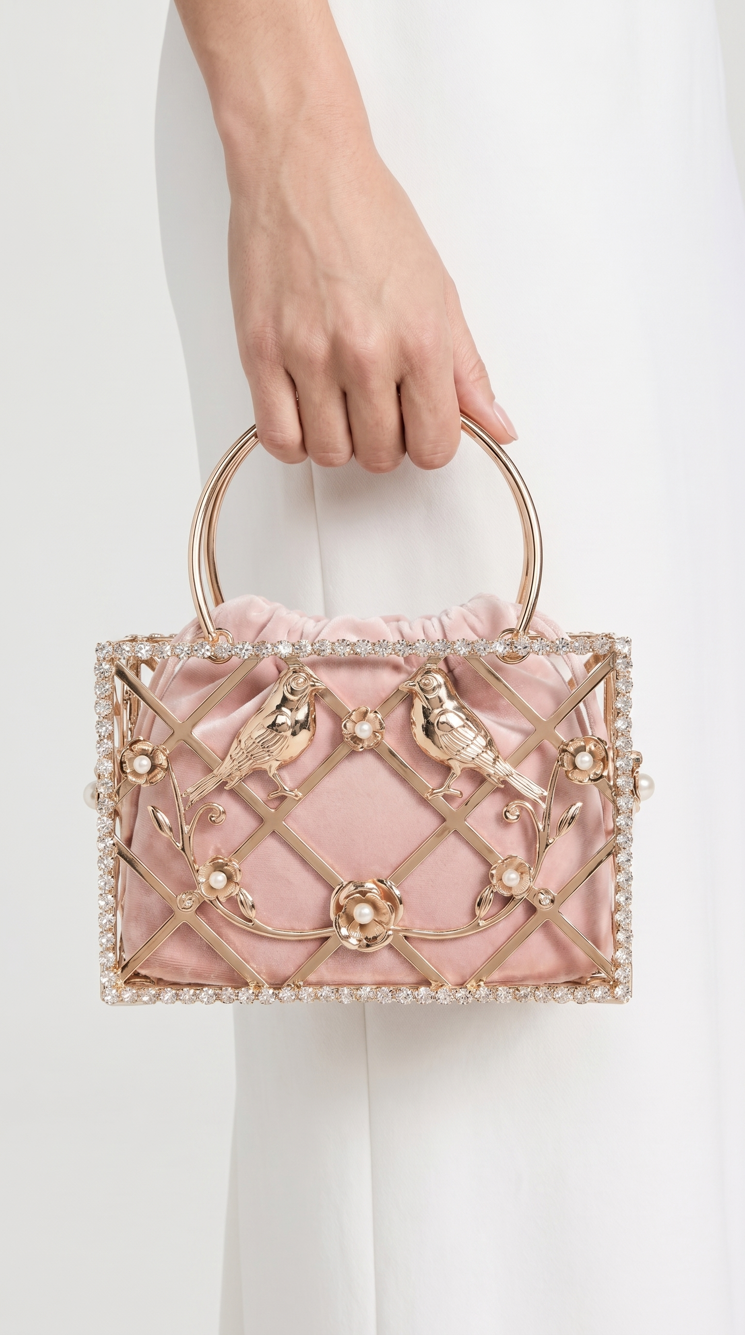 Faro - Borsa con Manico a Gabbia per Uccelli e Cristalli Rosa