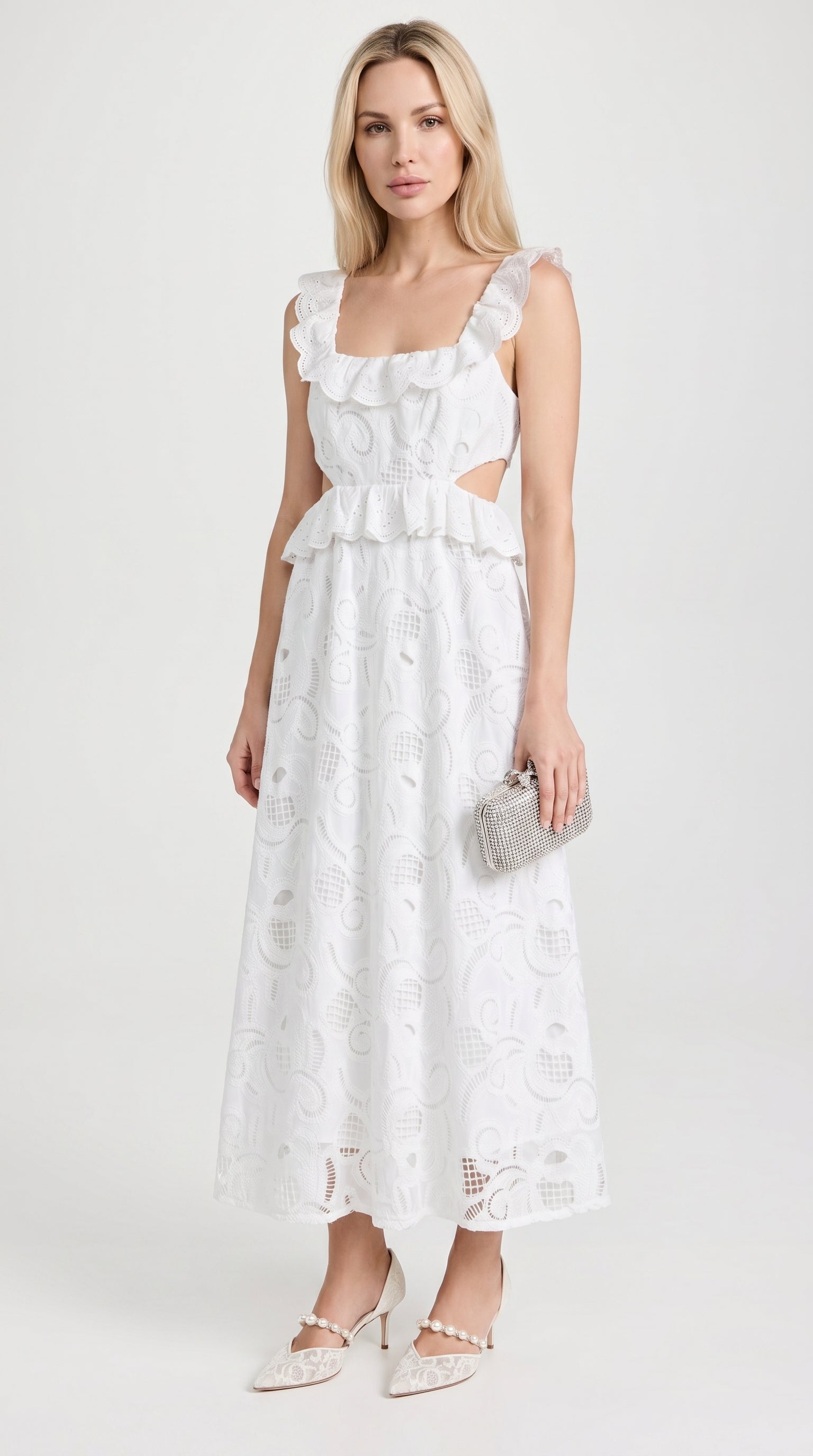 Venta - Ruffled Eyelet Cutout Midi Dress White