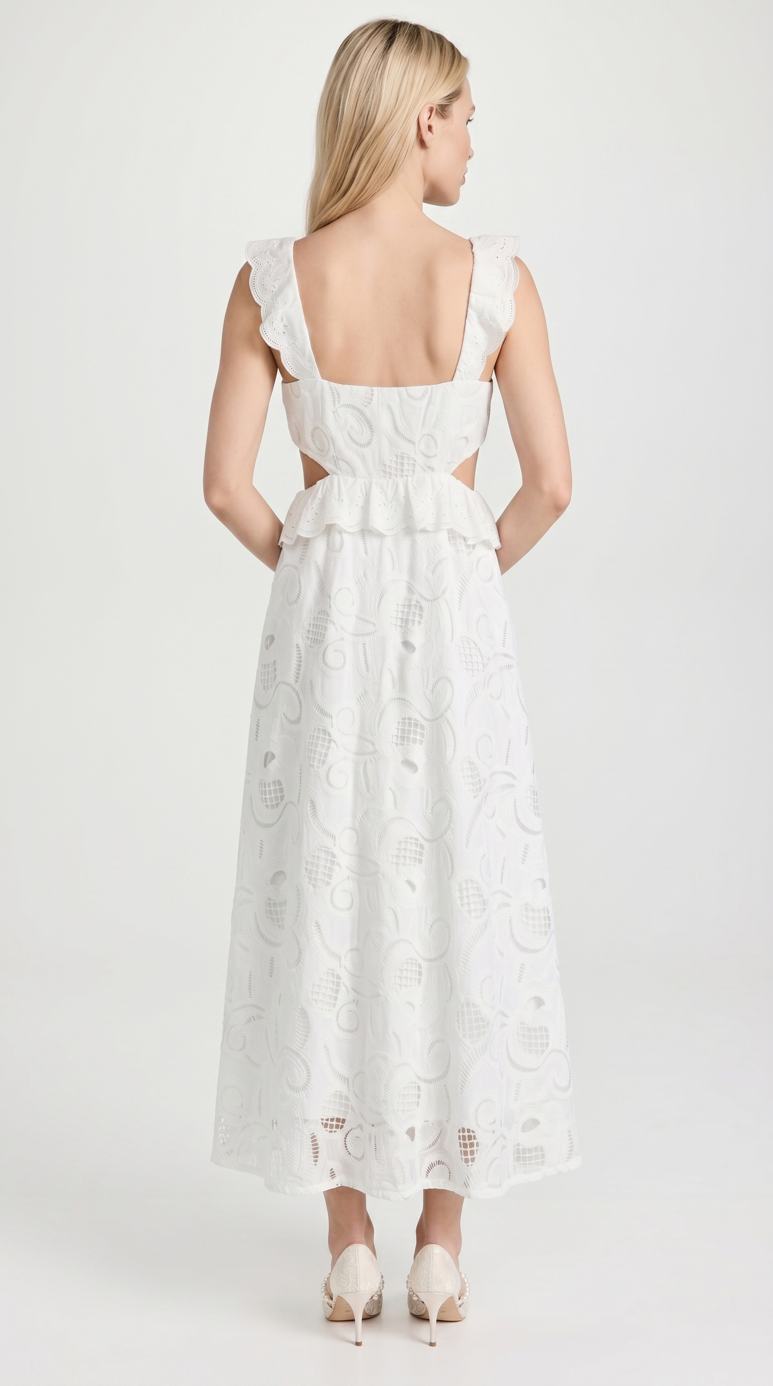 Venta - Ruffled Eyelet Cutout Midi Dress White