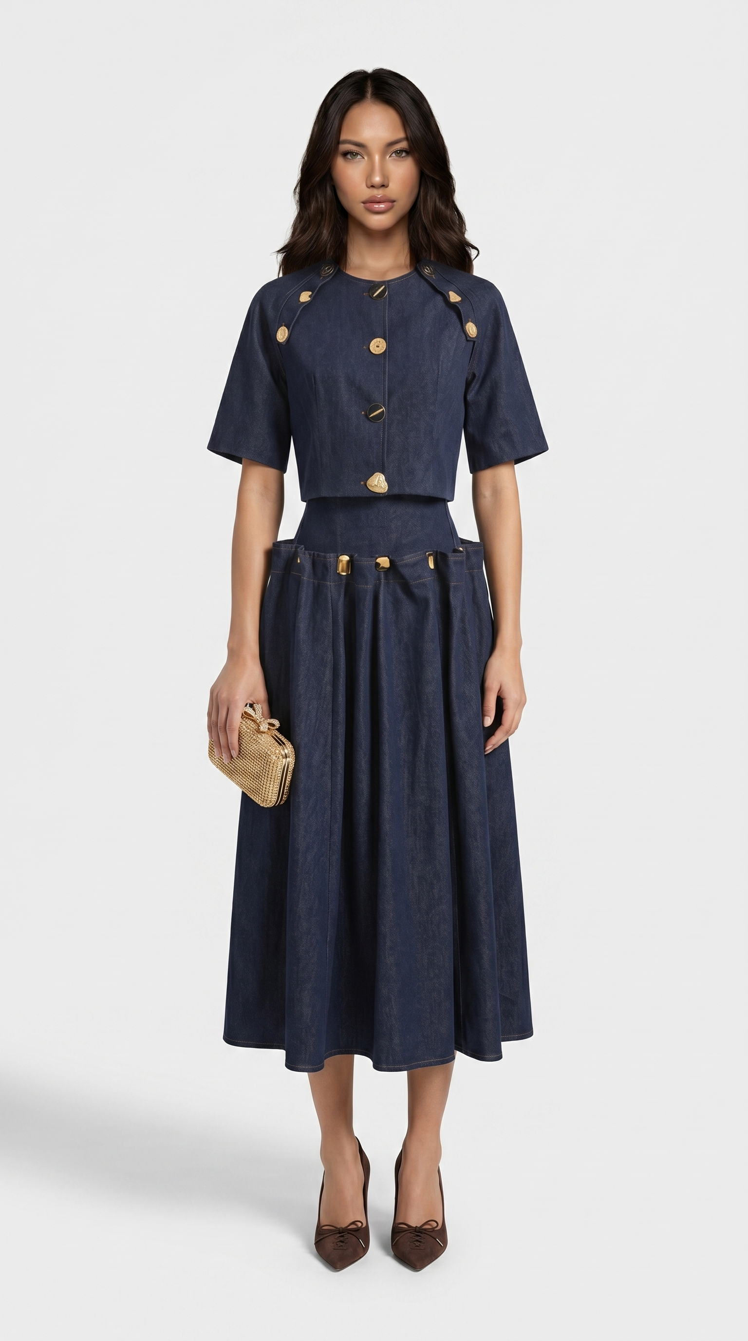 Siro - Sculptural Two-Piece Illusion Denim Midi Dress