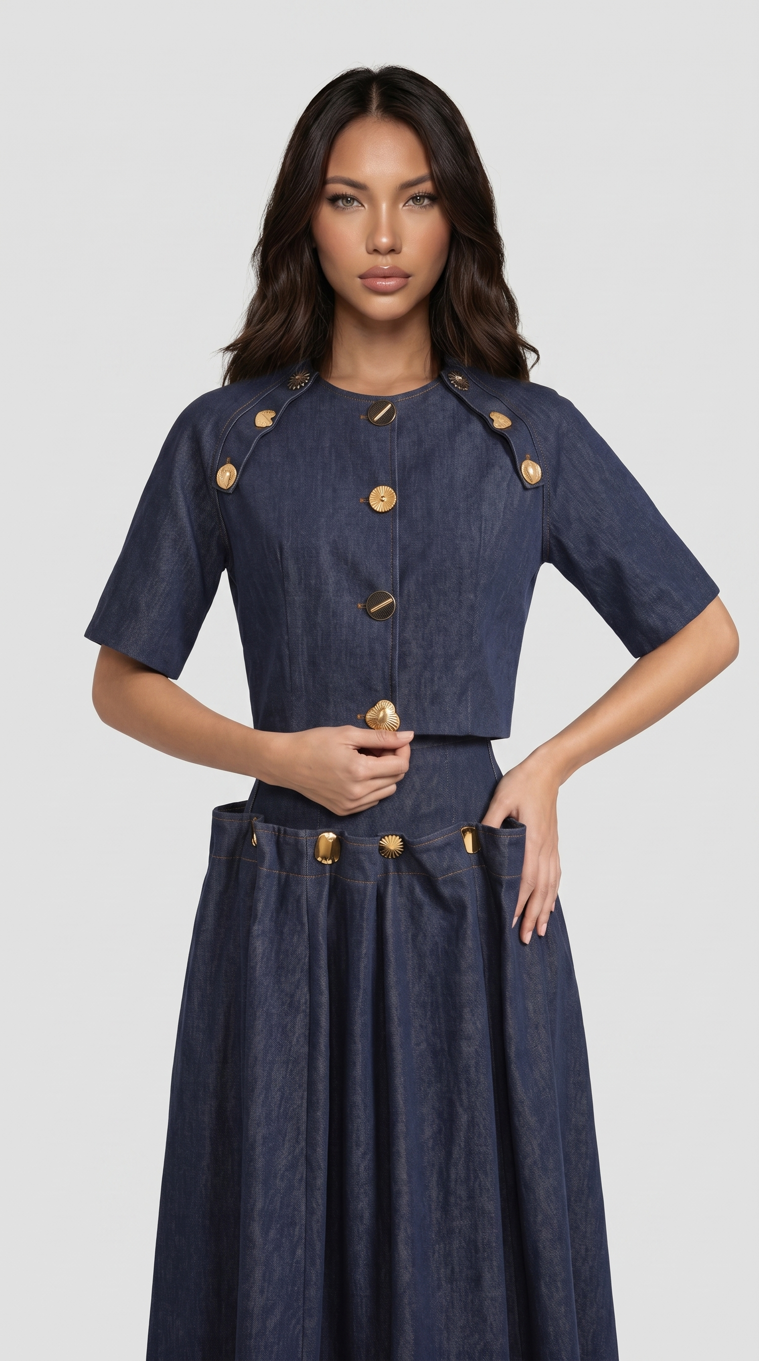 Siro - Sculptural Two-Piece Illusion Denim Midi Dress