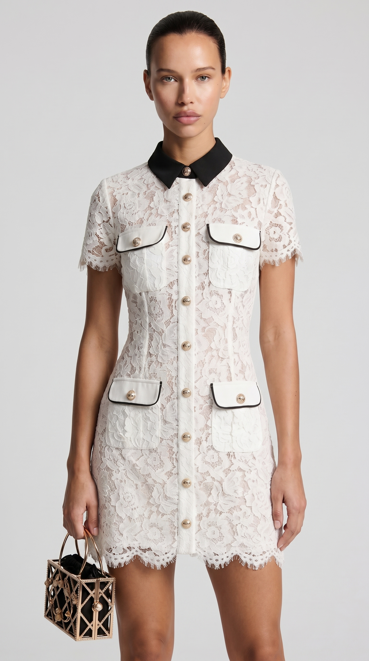 Pura - Contrast-Trim Floral Lace Mini Dress