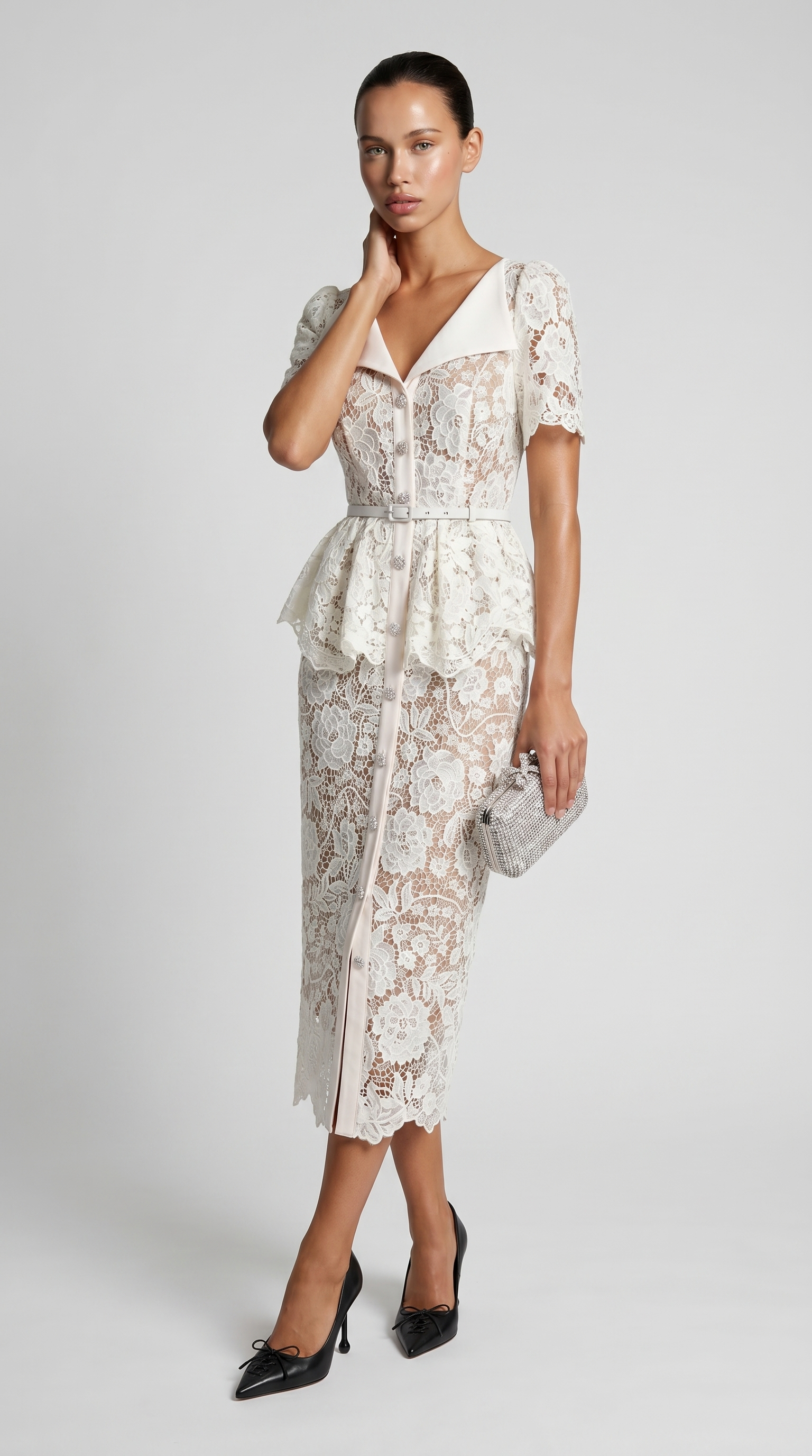 Kaza - Belted Peplum Lace Midi Dress