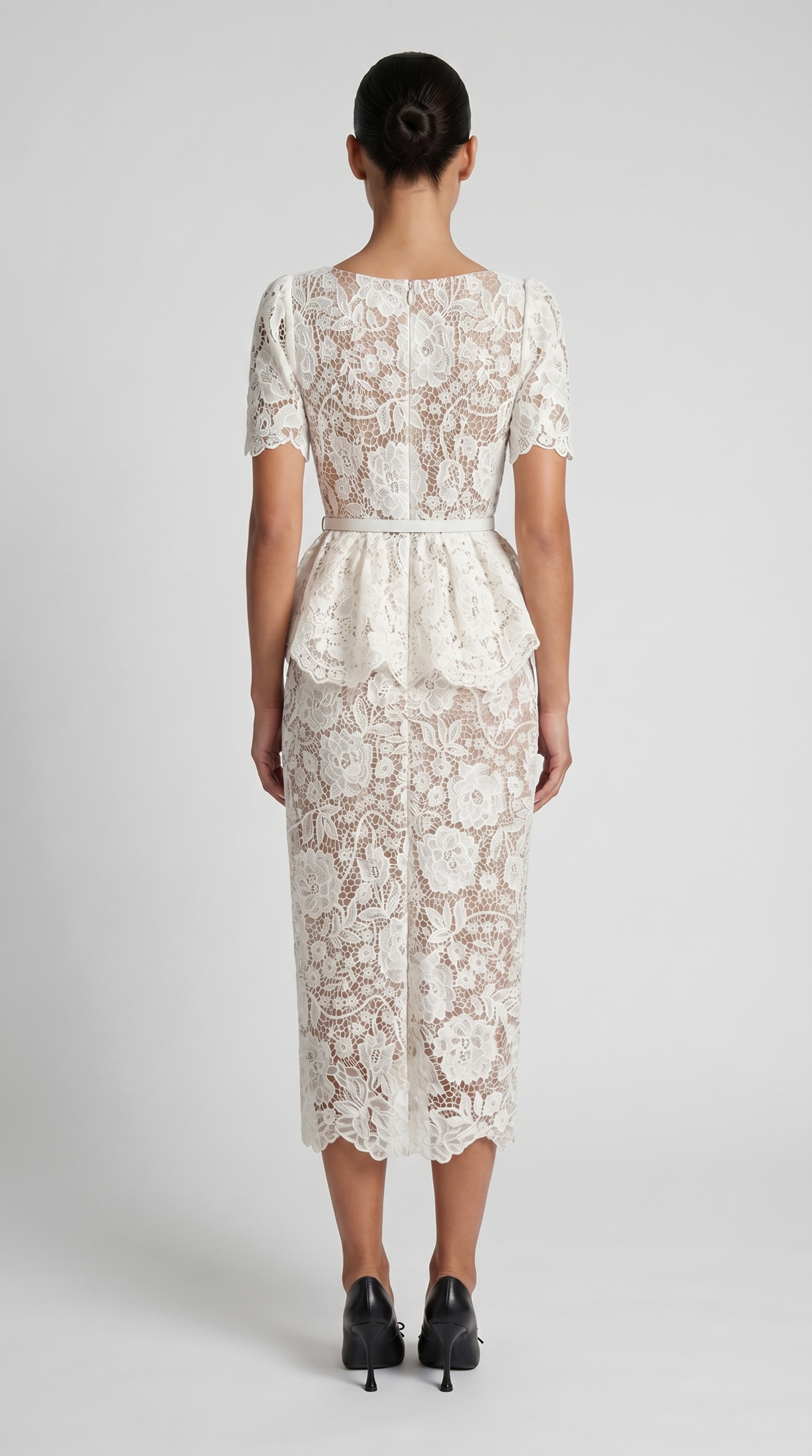 Kaza - Belted Peplum Lace Midi Dress