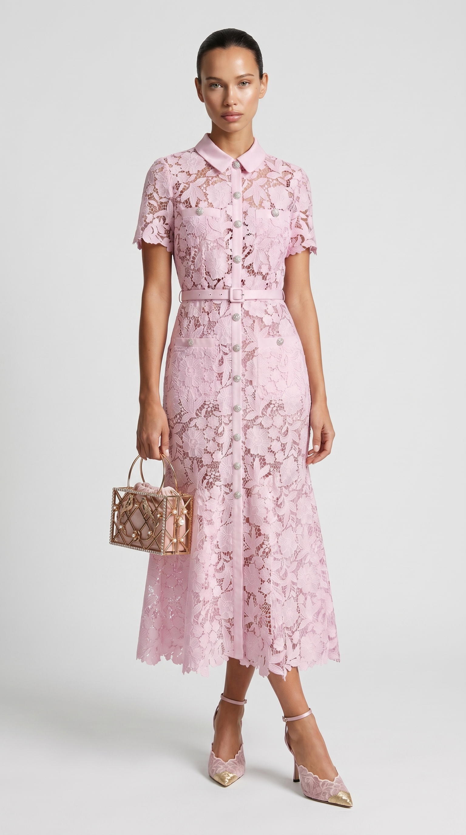 Oria - Belted Floral Lace Midi Shirt Dress Pink