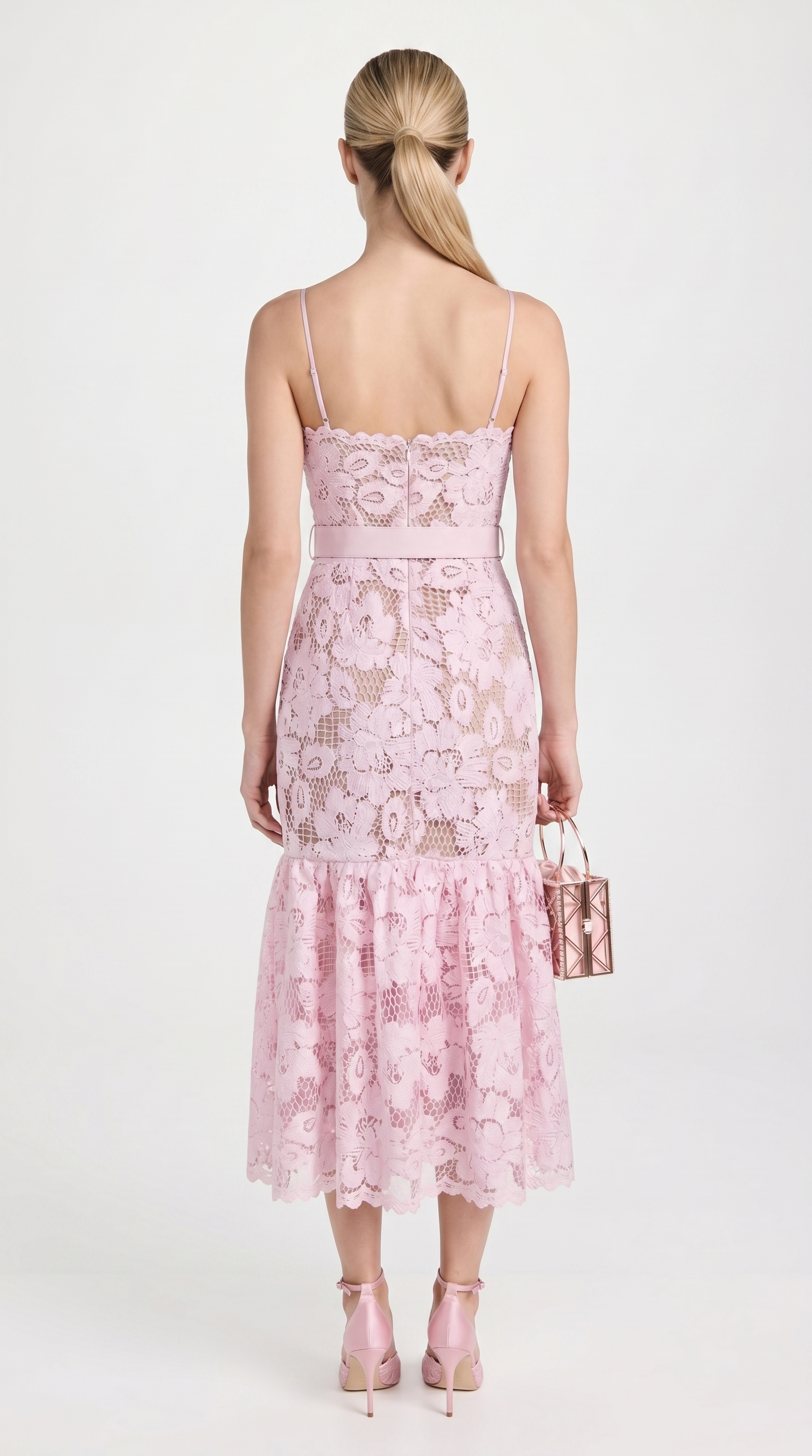 Zefi - Belted Guipure Lace Flared Midi Dress