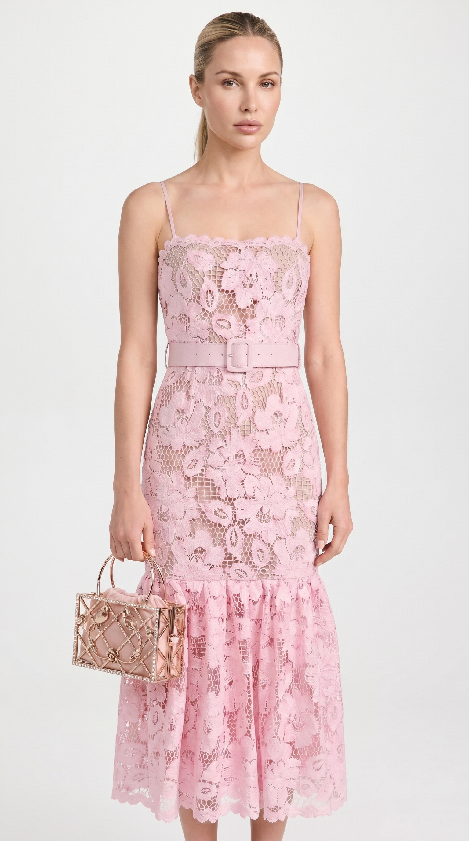 Zefi - Belted Guipure Lace Flared Midi Dress