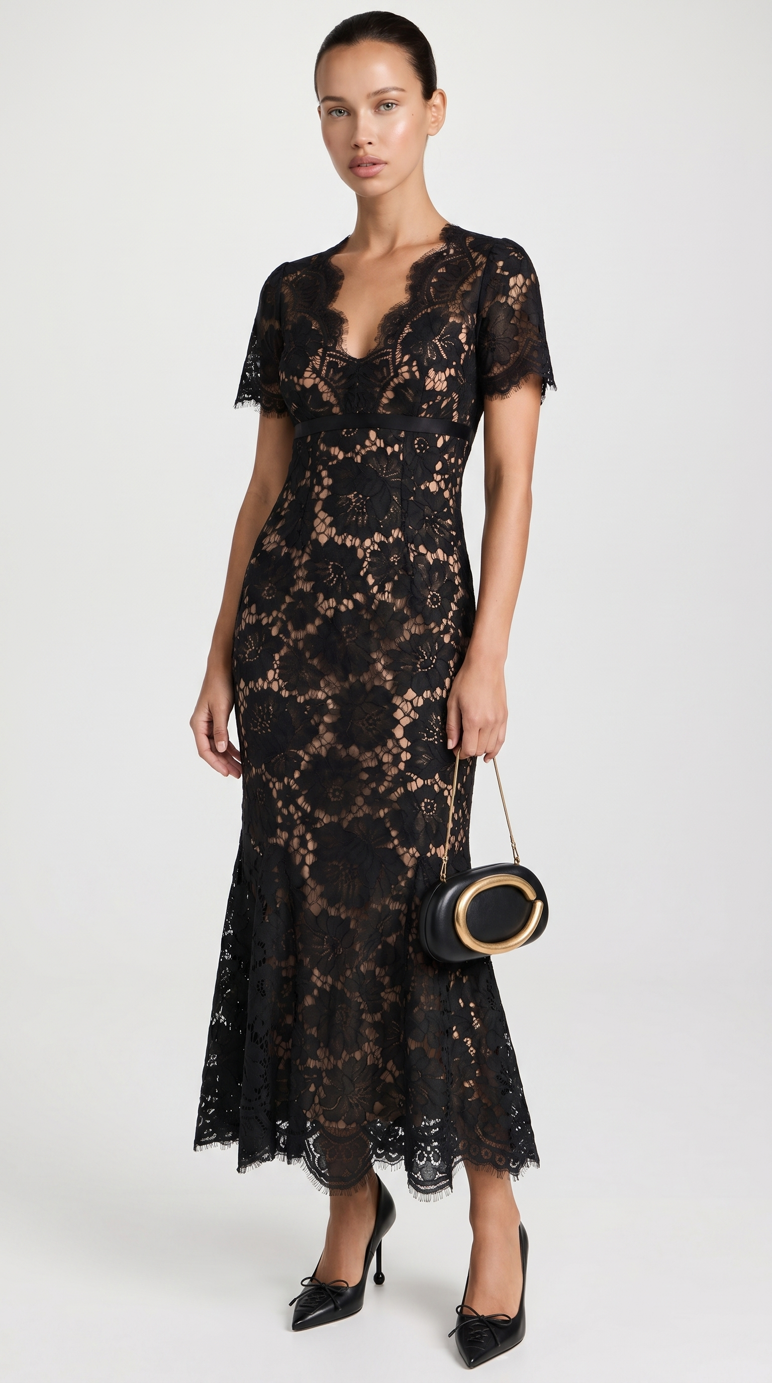 Rhea - Eyelash Lace Trumpet Midi Dress