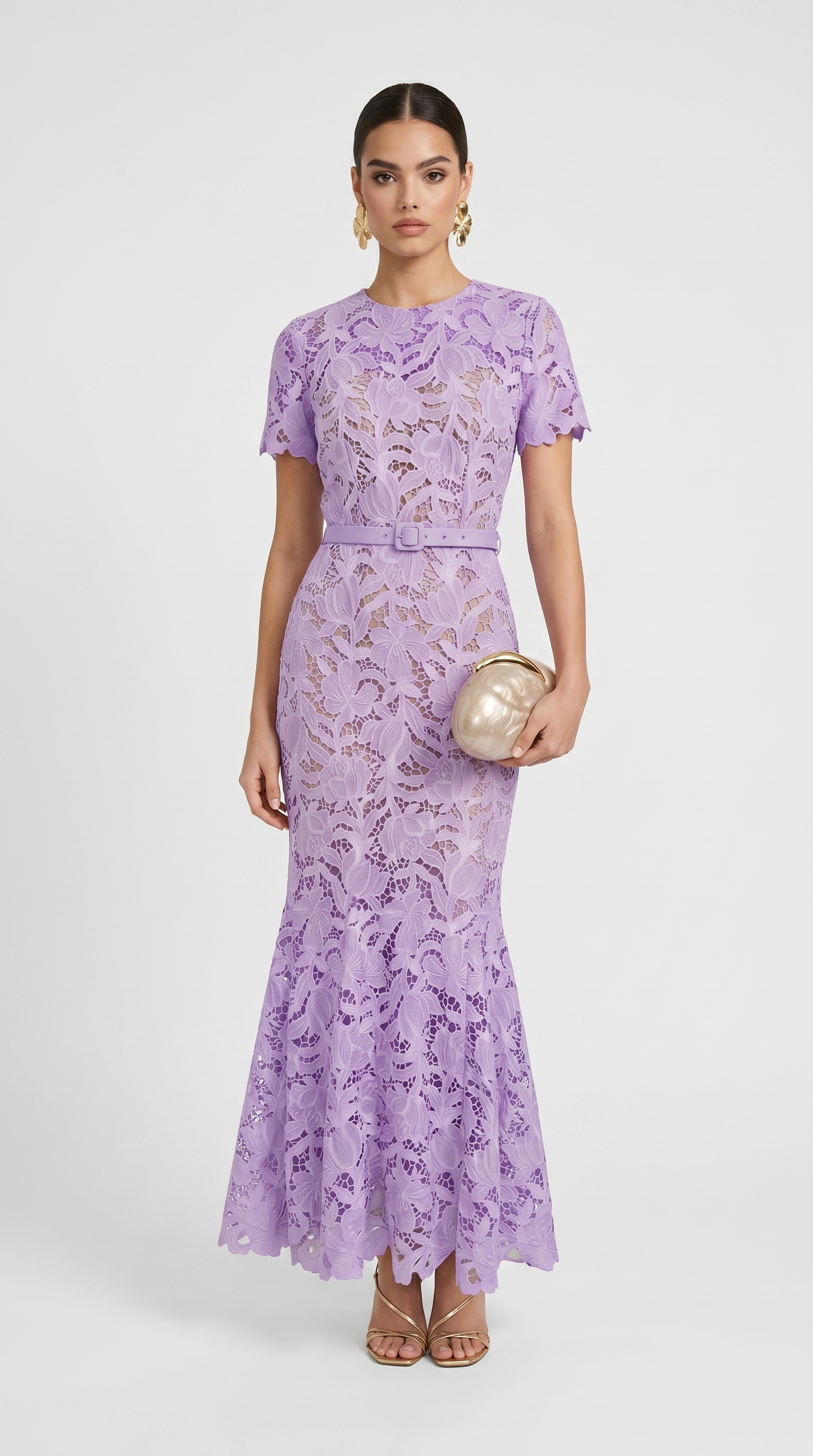 Zoya - Belted Floral Lace Trumpet Gown