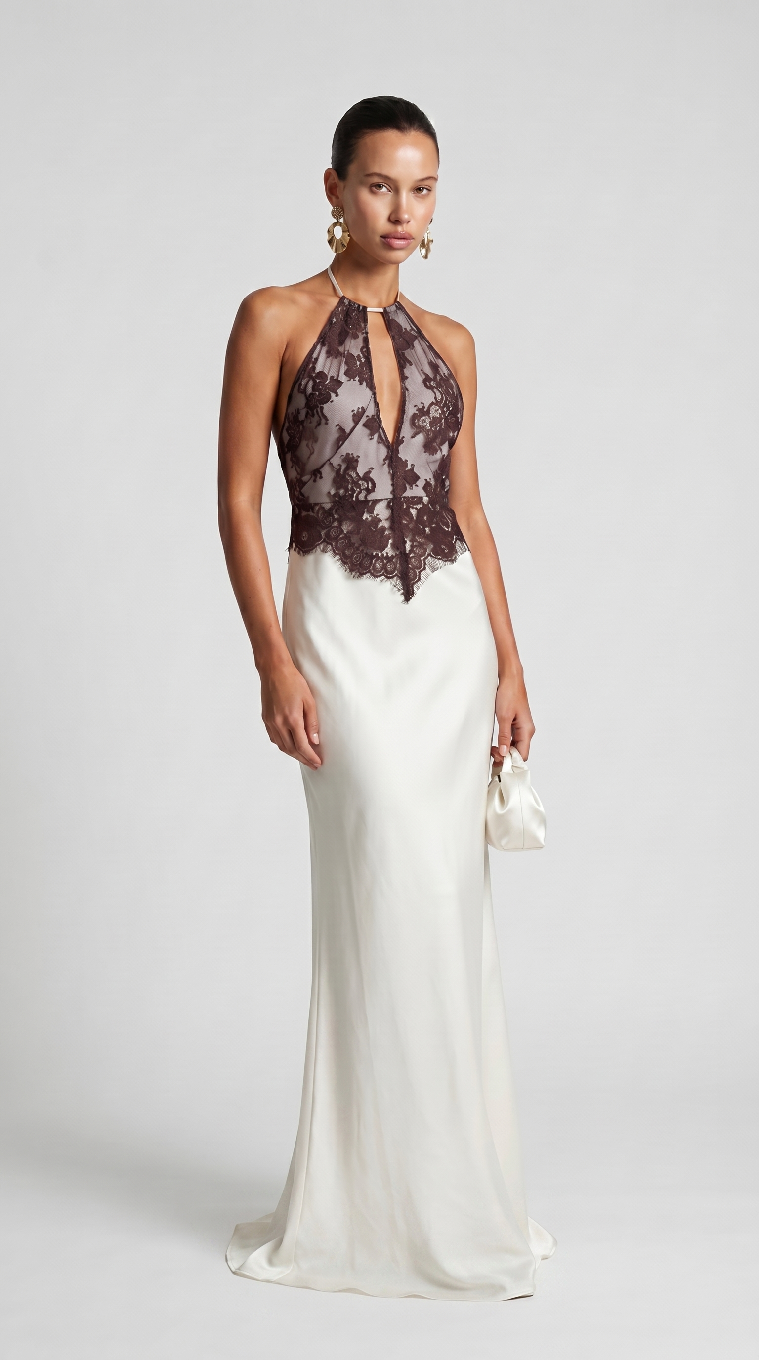 Suno - Abito lungo con scollo halter in pizzo e raso