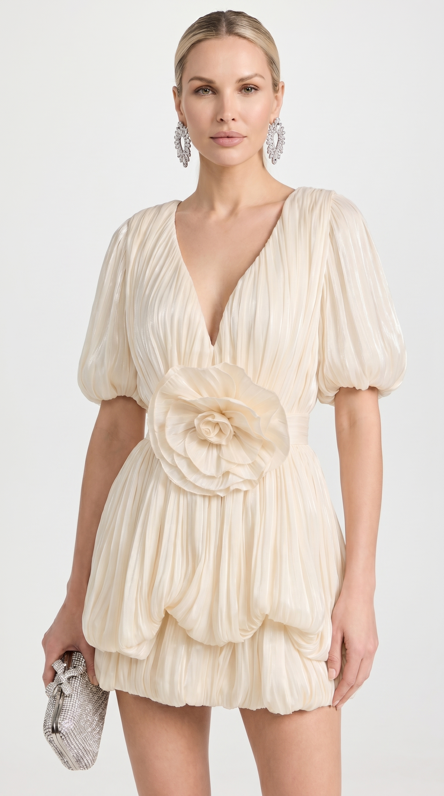 Cleo - Plissé Ruffled Bubble Mini Dress with 3D Rosette