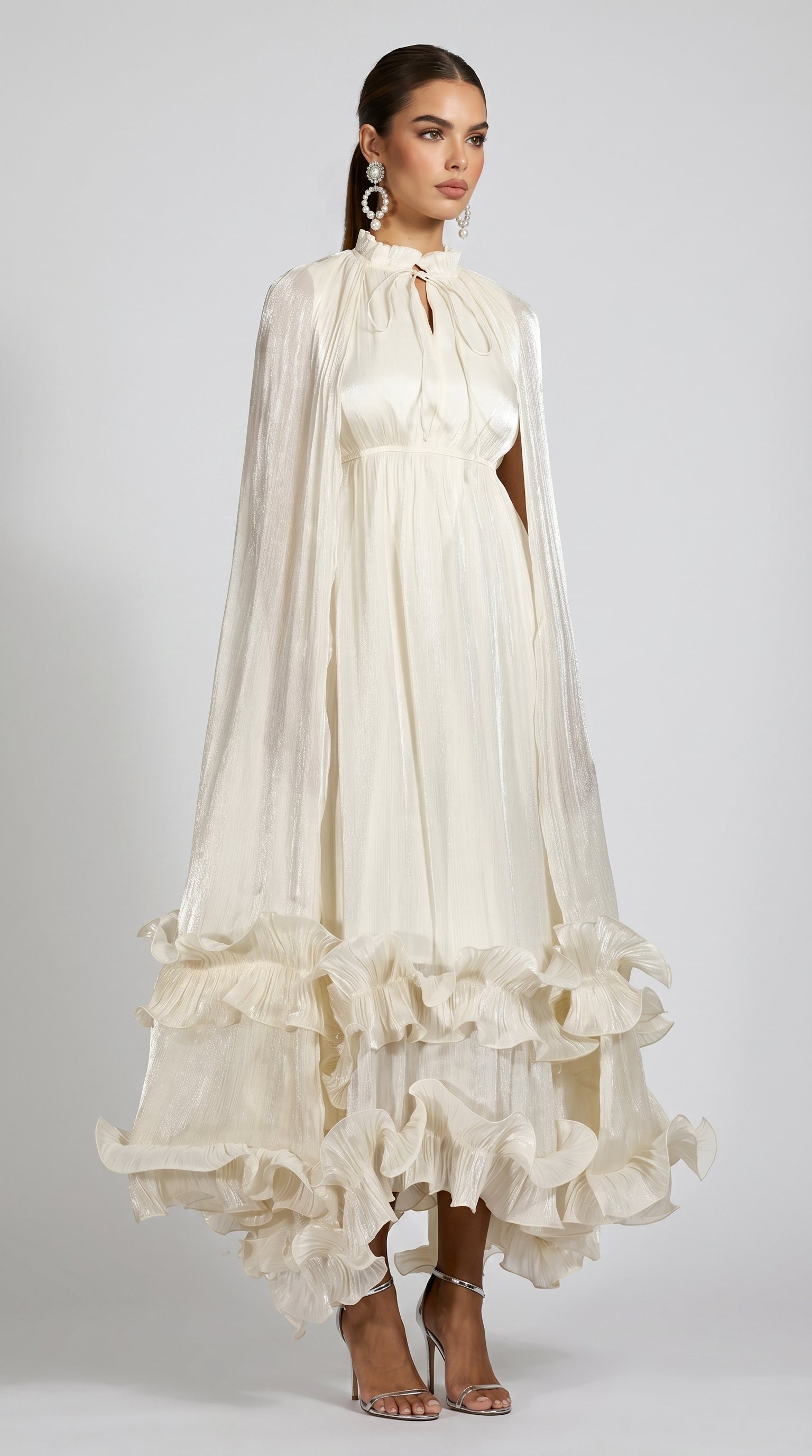 Gemo - Pleated Cape-Overlay Ruffled Maxi Gown