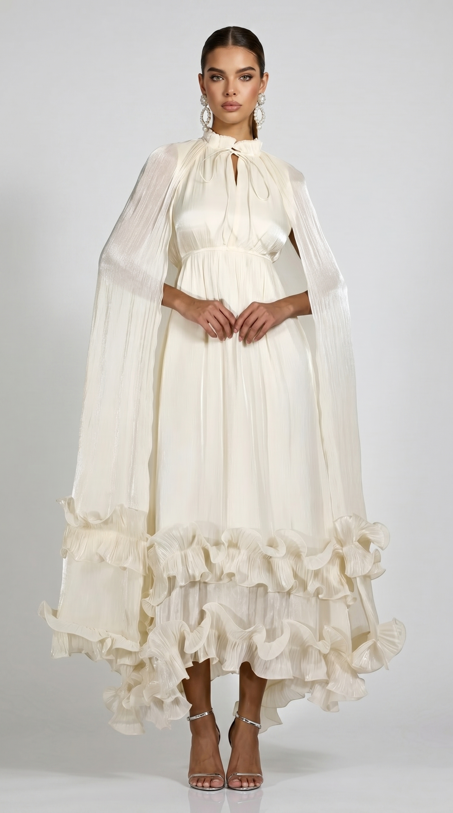 Gemo - Pleated Cape-Overlay Ruffled Maxi Gown