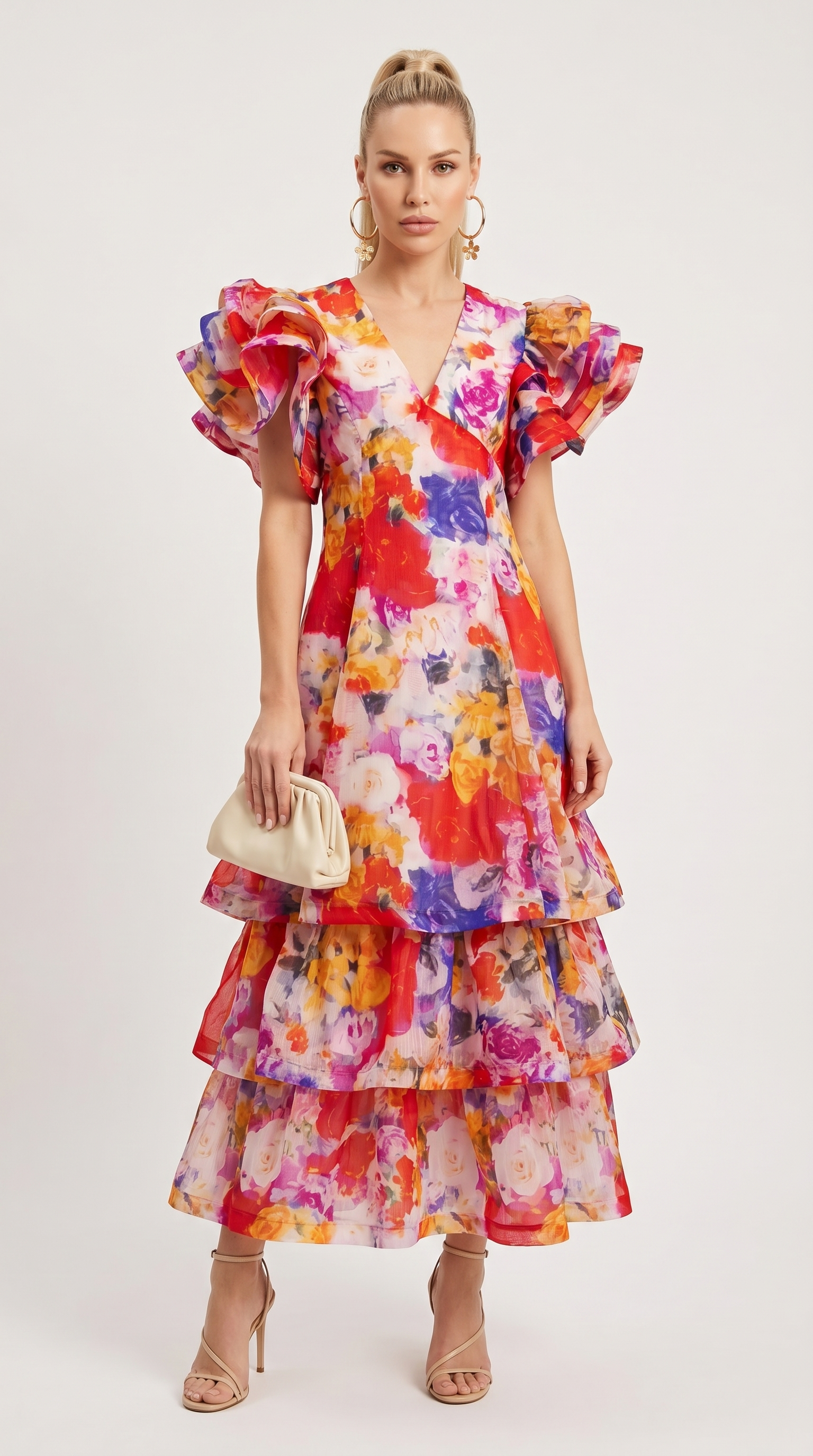 Nida - Abito lungo in organza floreale a balze con volant