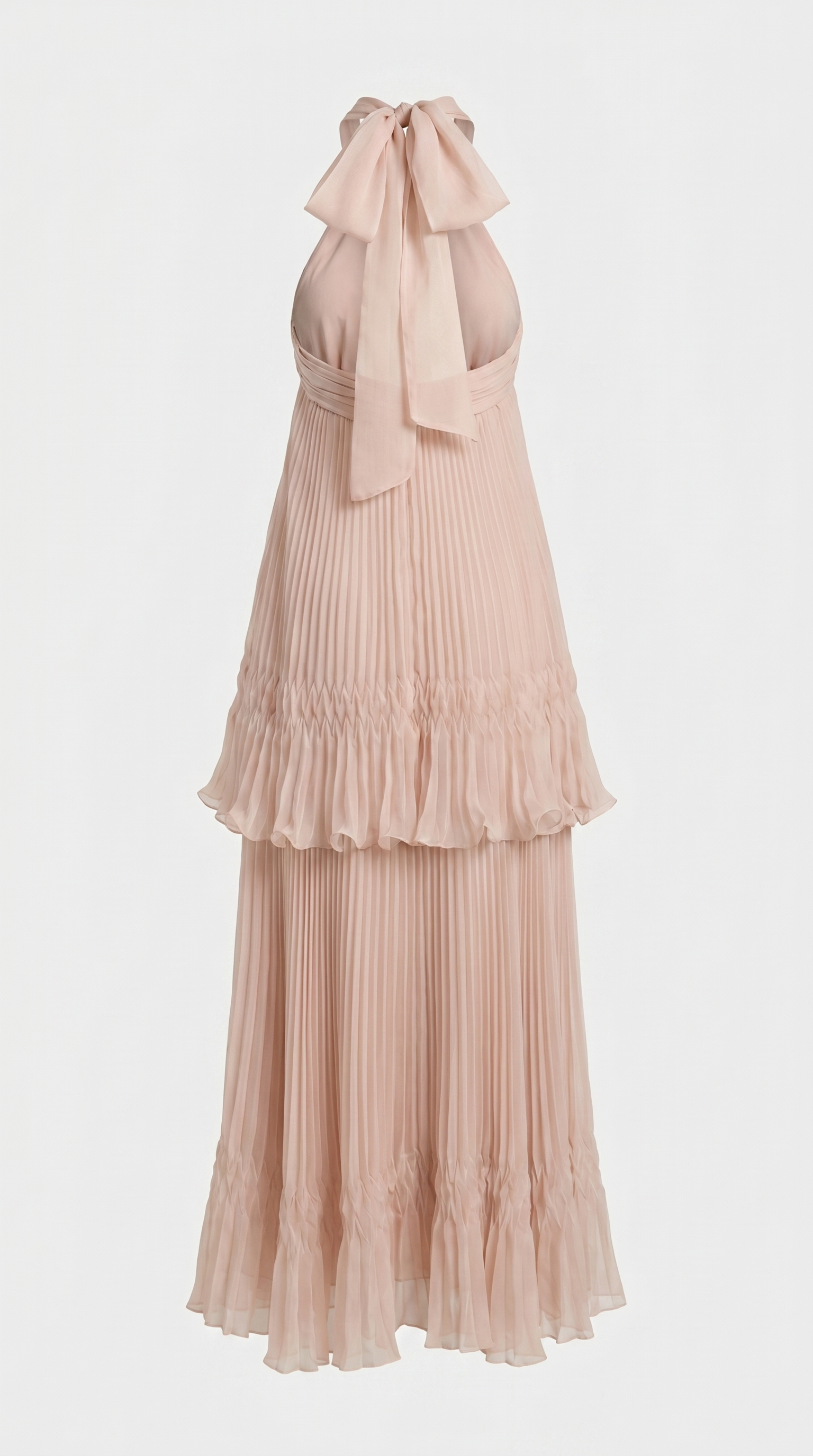 Cyan - Tiered Plissé Halter Maxi Gown