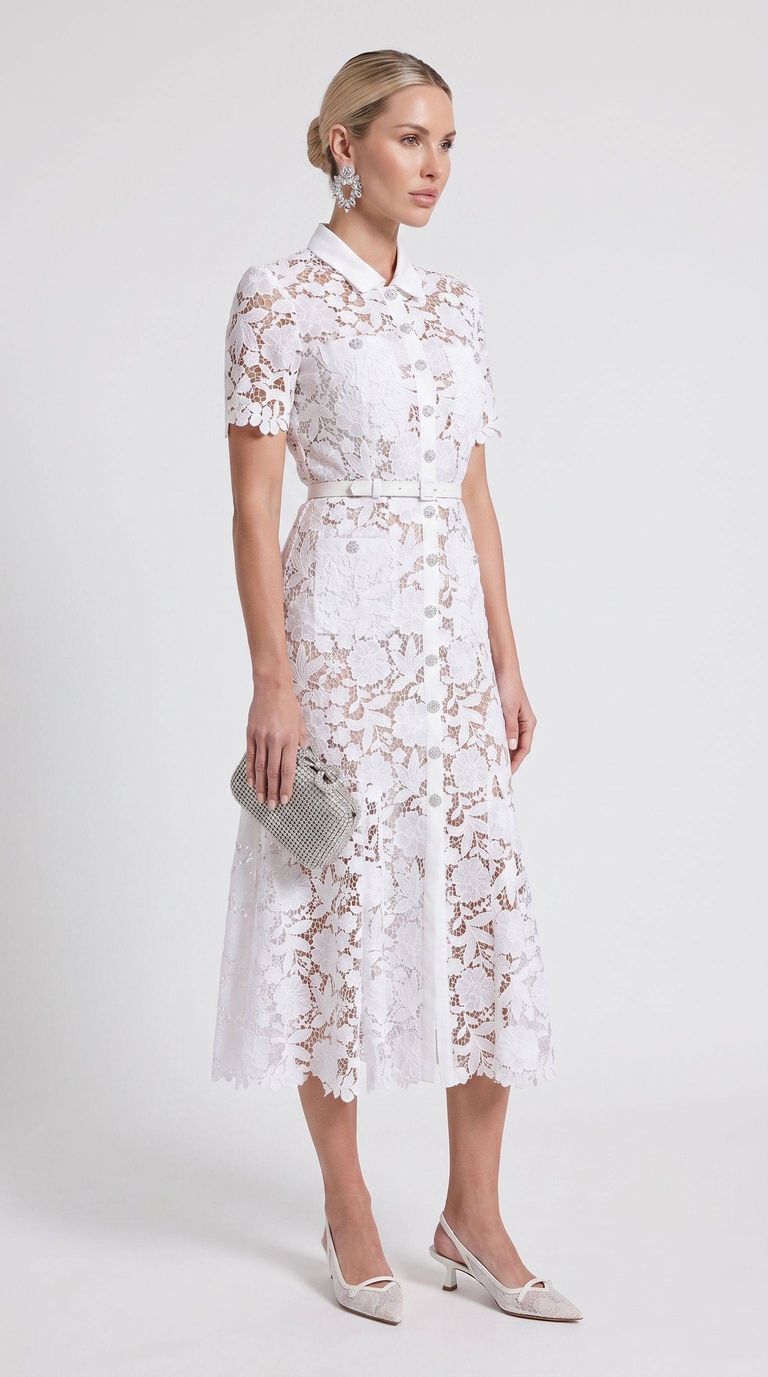 Oria - Belted Floral Lace Midi Shirt Dress White