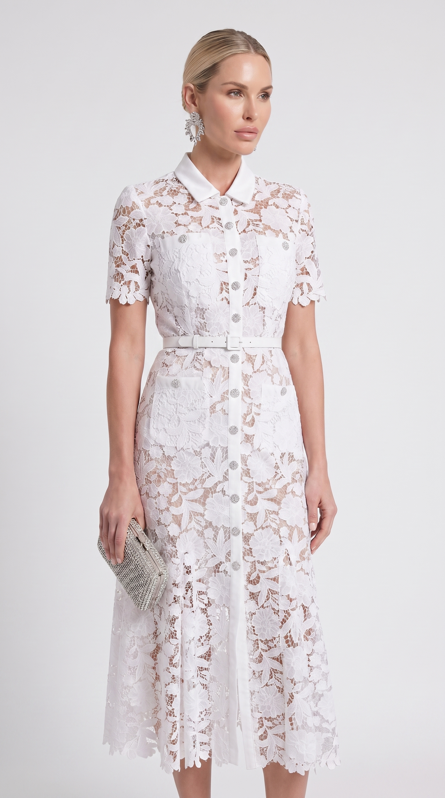 Oria - Belted Floral Lace Midi Shirt Dress White