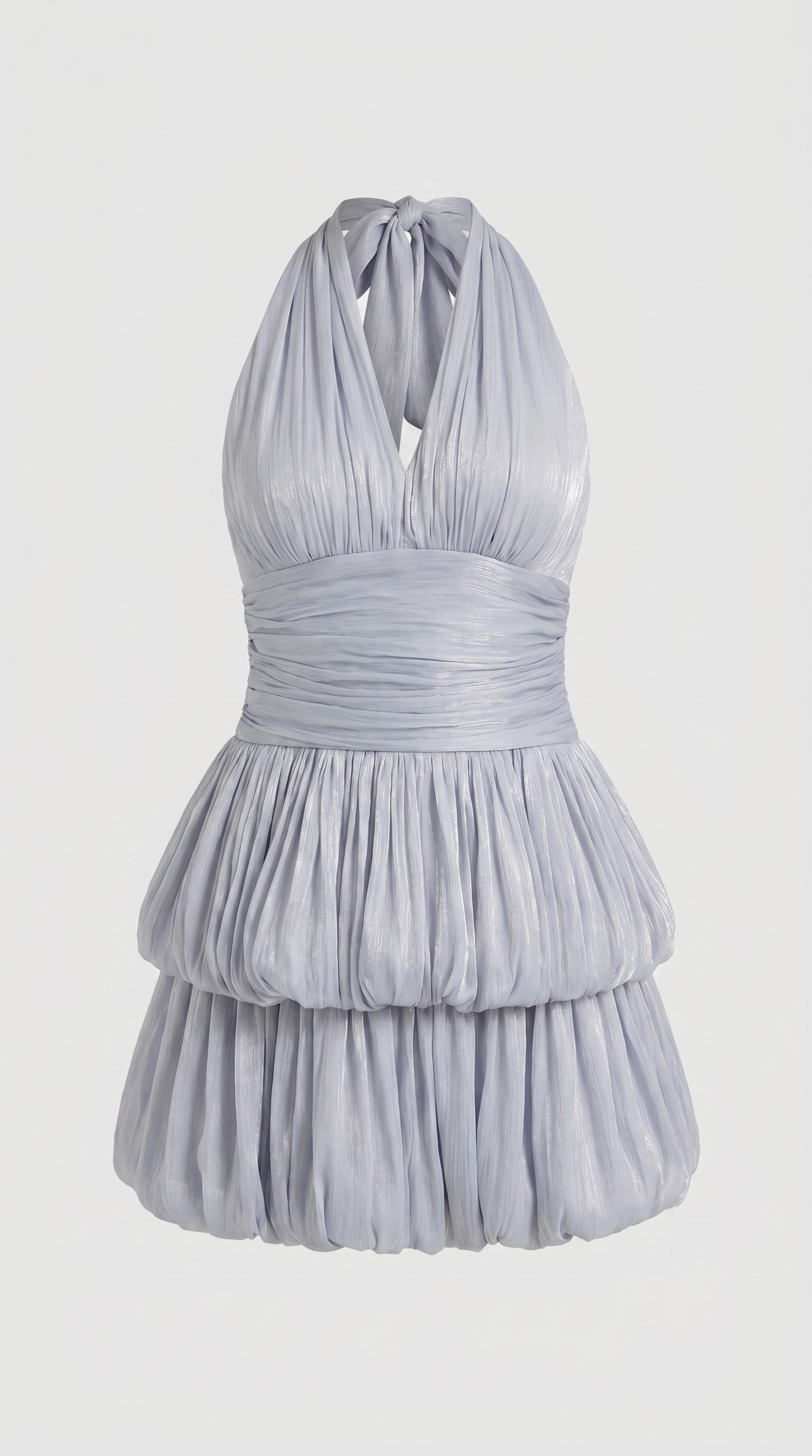 Sari - Mini vestido burbuja halter metálico fruncido