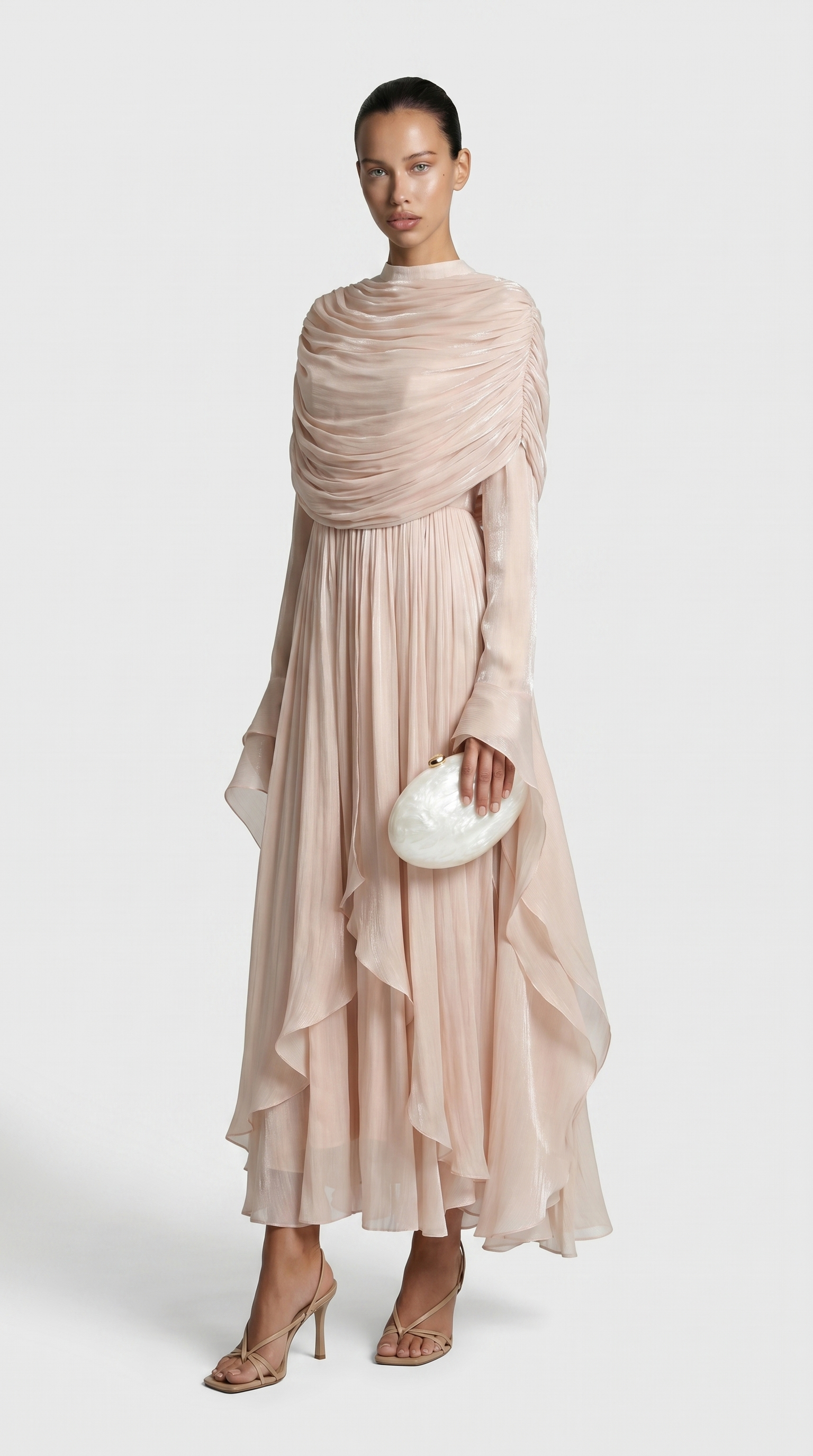 Kara - Unregelmäßig plissiertes Rüschkleid Hell-Aprikose