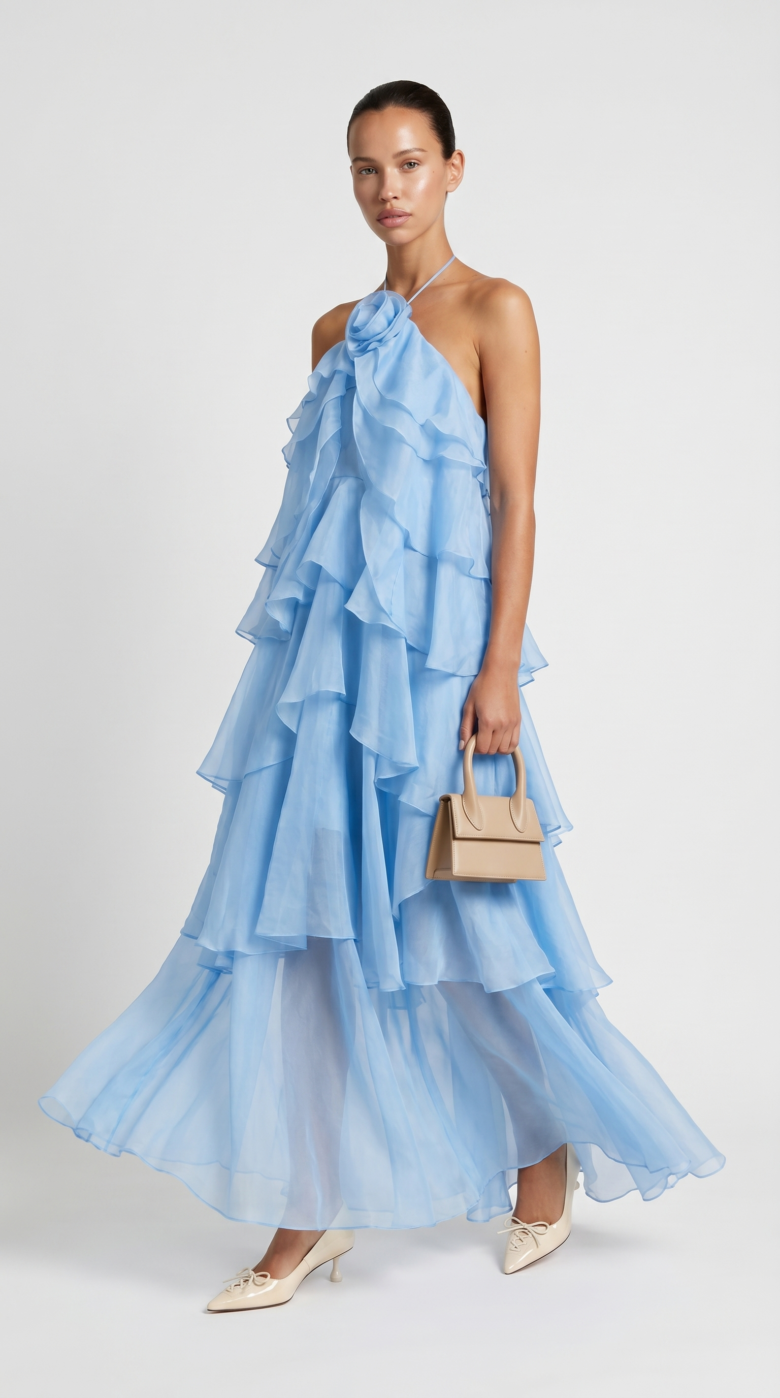 Zeli - Tiered Ruffle Halter Maxi Dress Blue