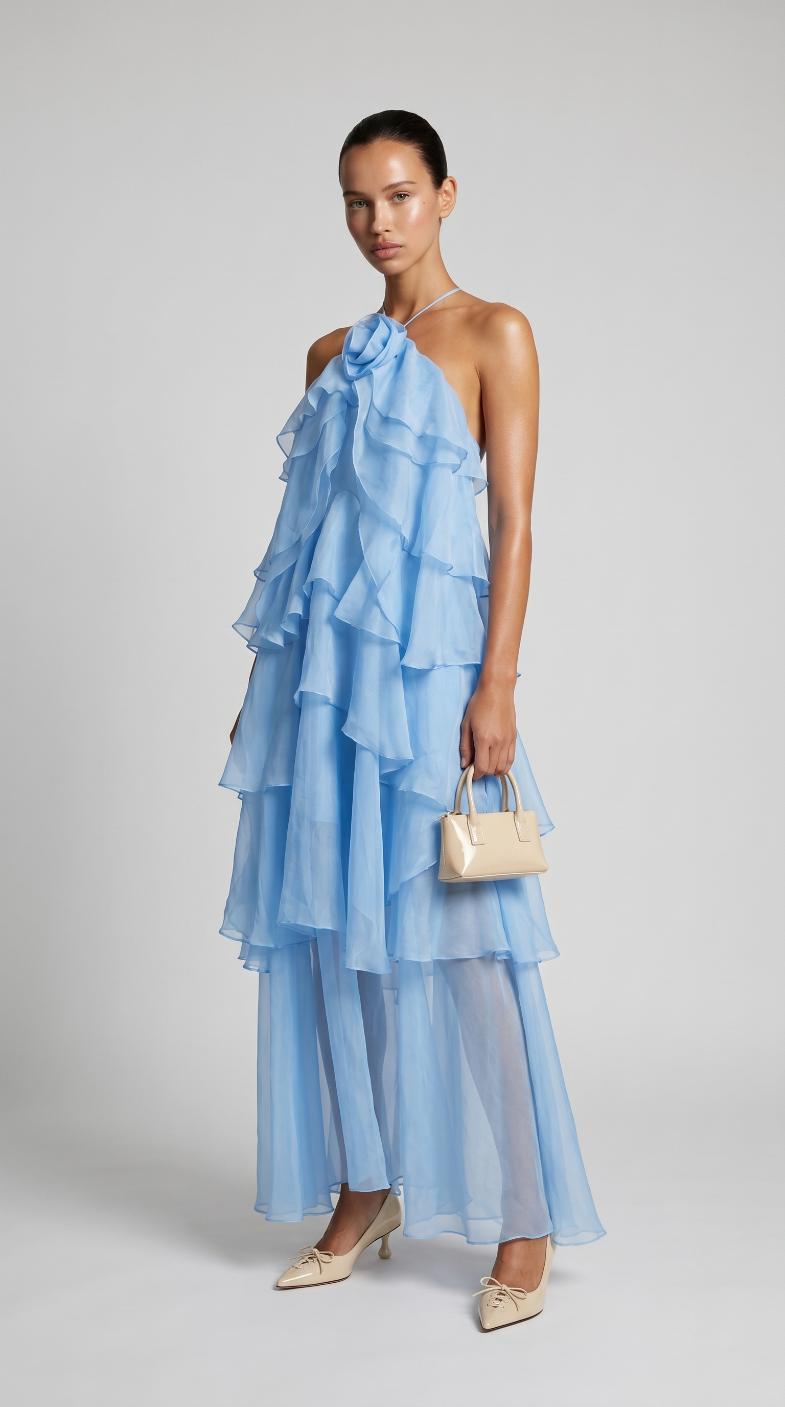 Zeli - Tiered Ruffle Halter Maxi Dress Blue