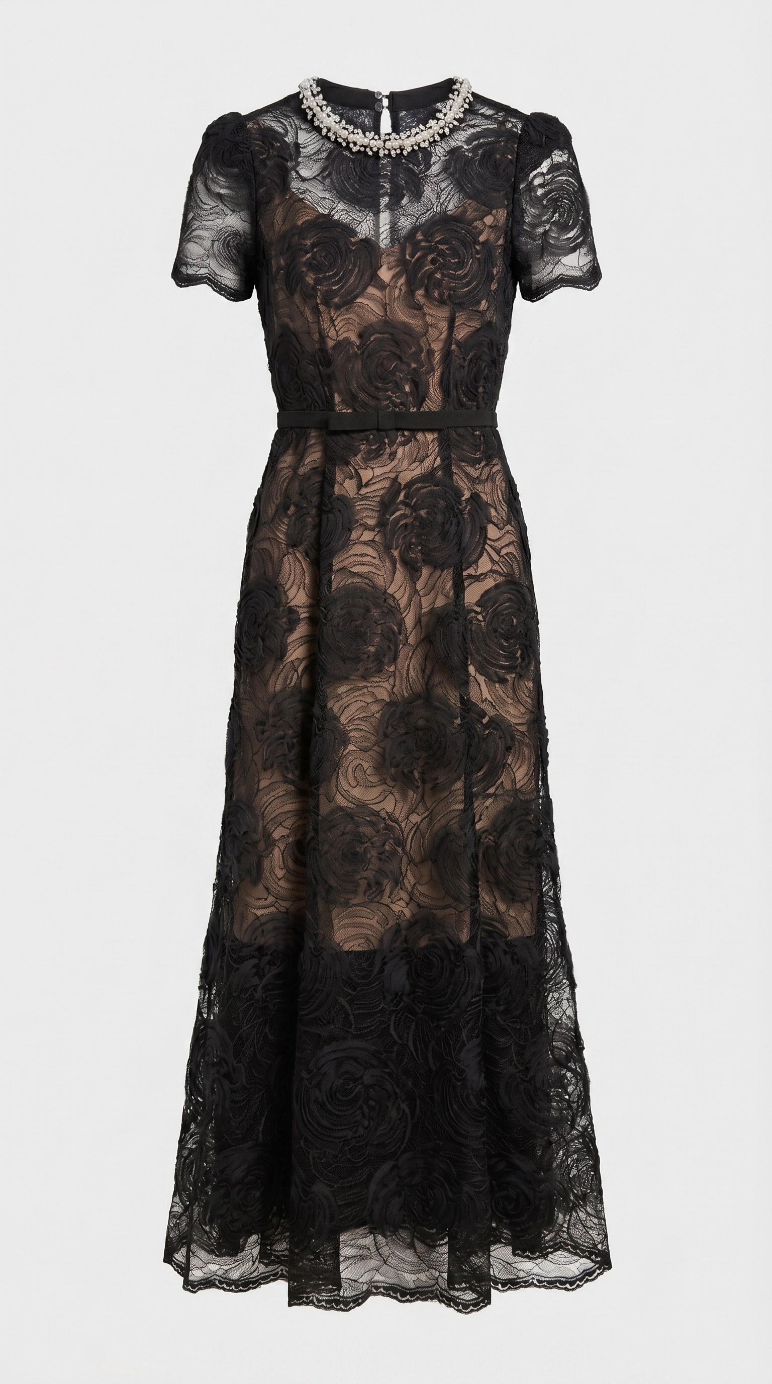 Tula - Rose Lace Maxi Dress with Crystal Neckline Black