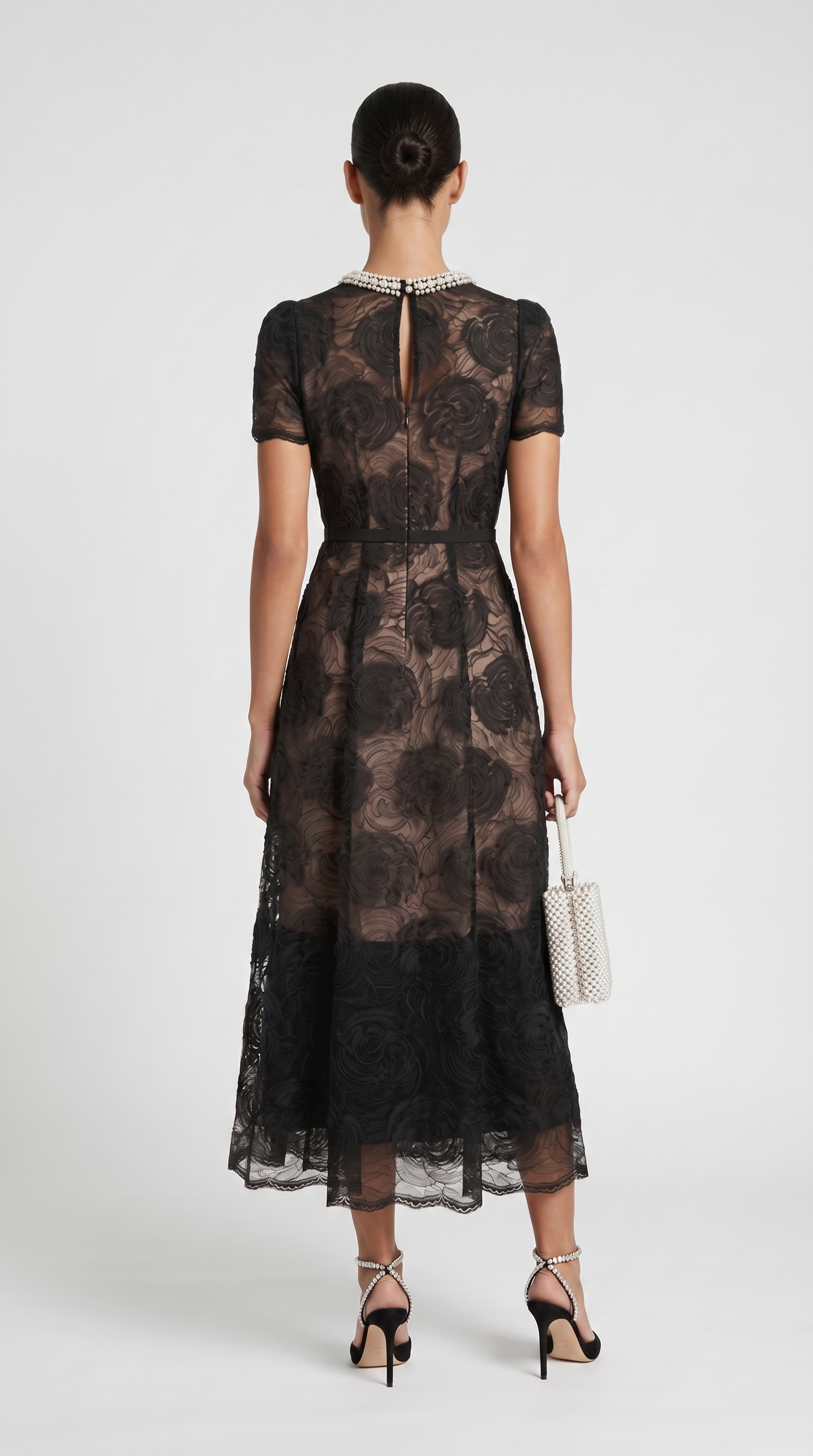 Tula - Rose Lace Maxi Dress with Crystal Neckline Black