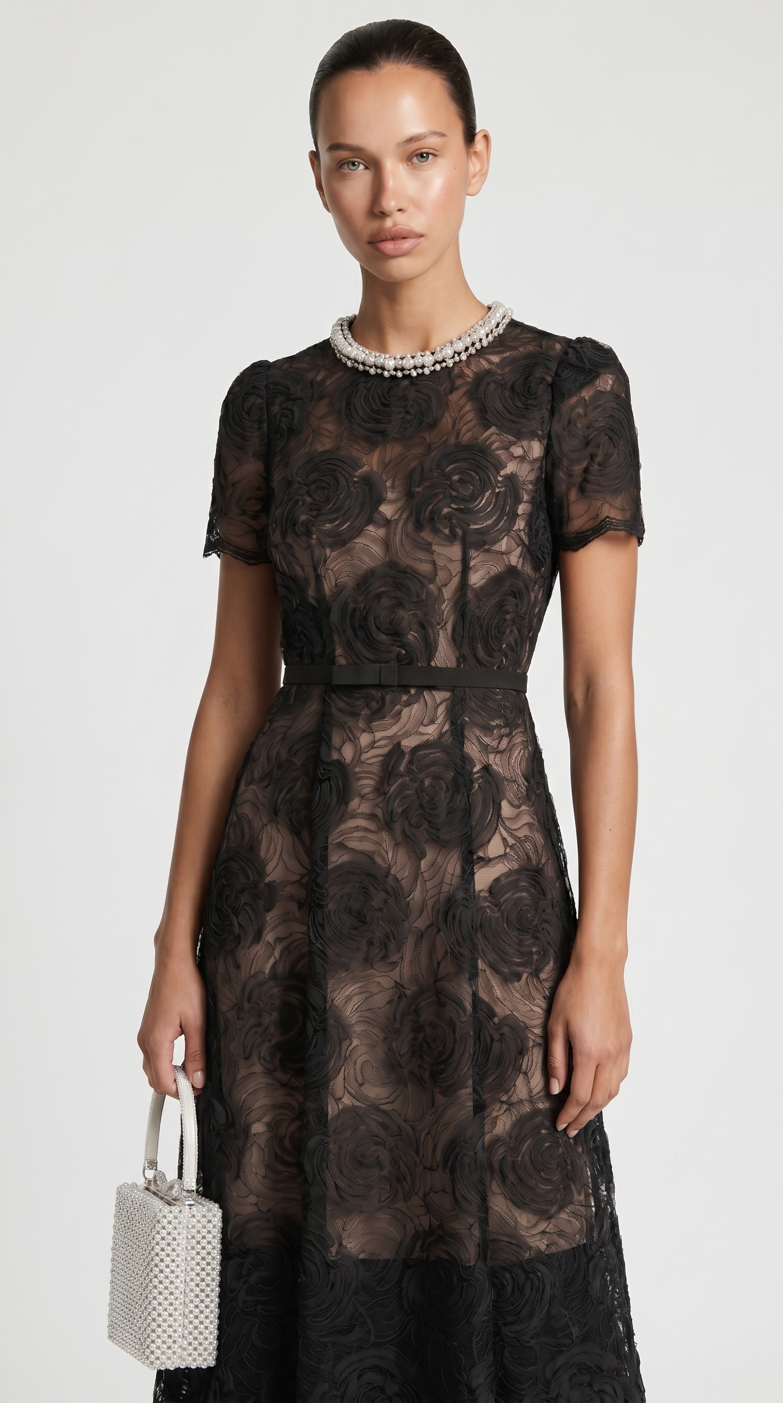 Tula - Rose Lace Maxi Dress with Crystal Neckline Black