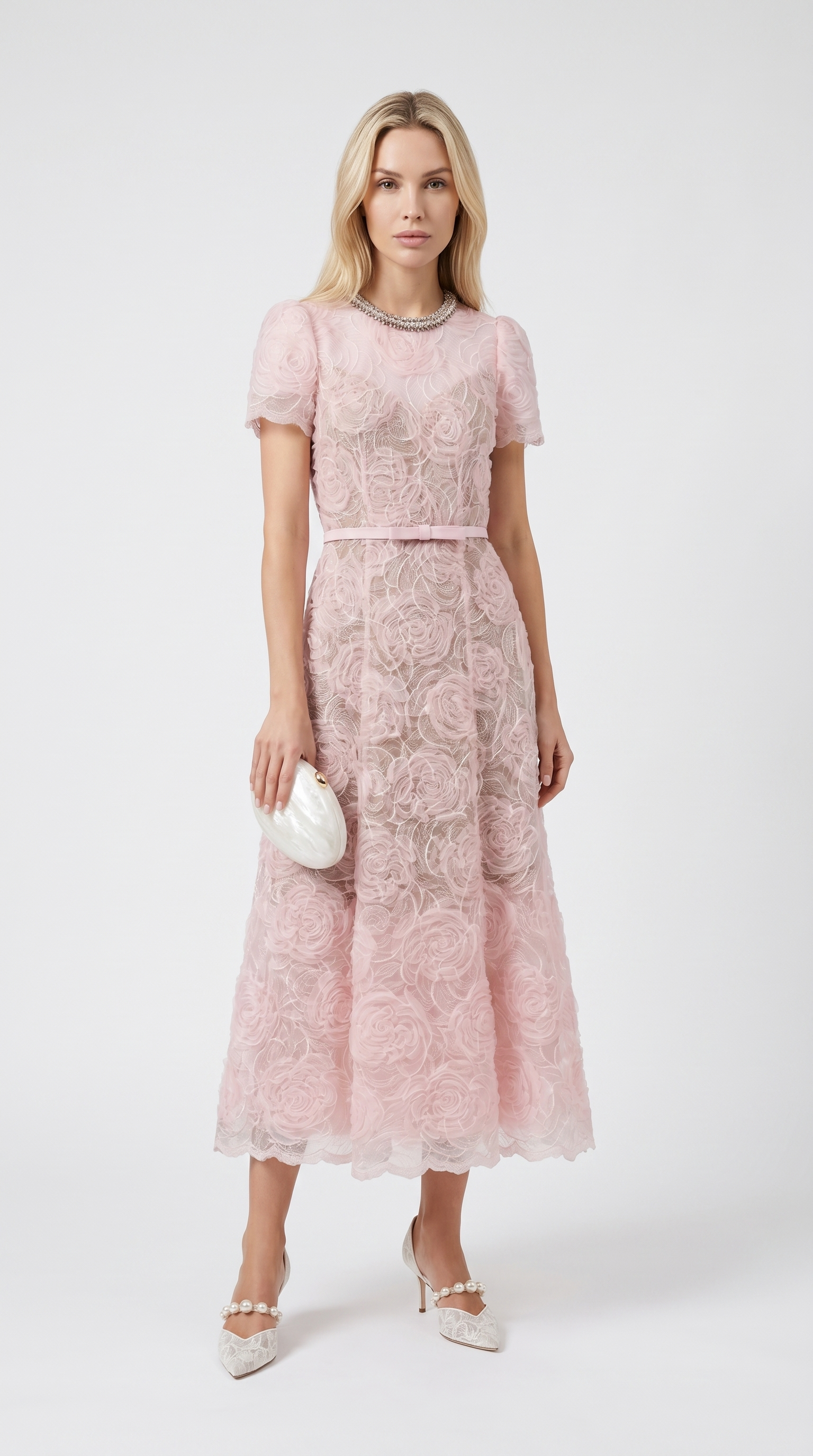 Tula - Abito Lungo in Pizzo a Rose con Scollo di Cristalli Rosa