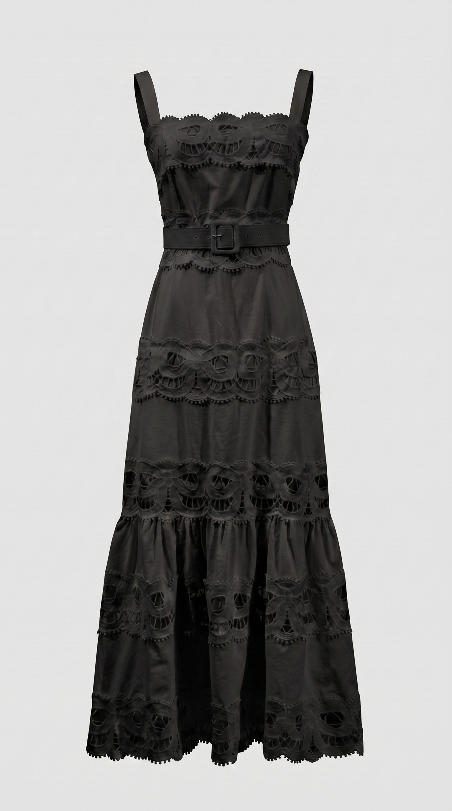 Seda - Maxikleid mit Gürtel und Ösenspitze Schwarz