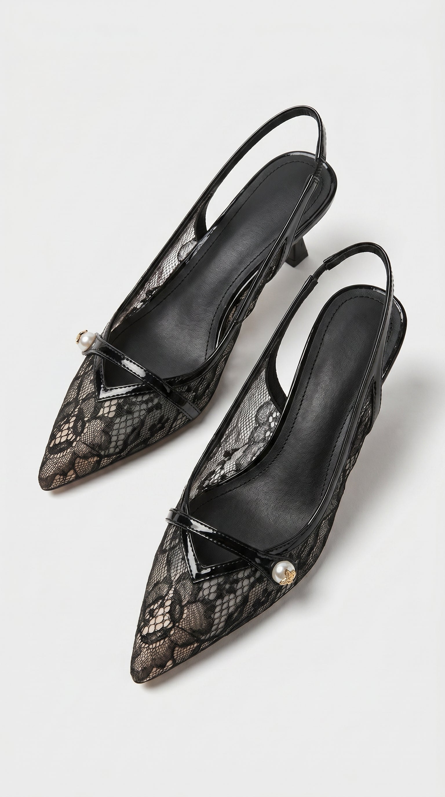 Camy - Décolleté slingback con perle e pannelli in pizzo nero
