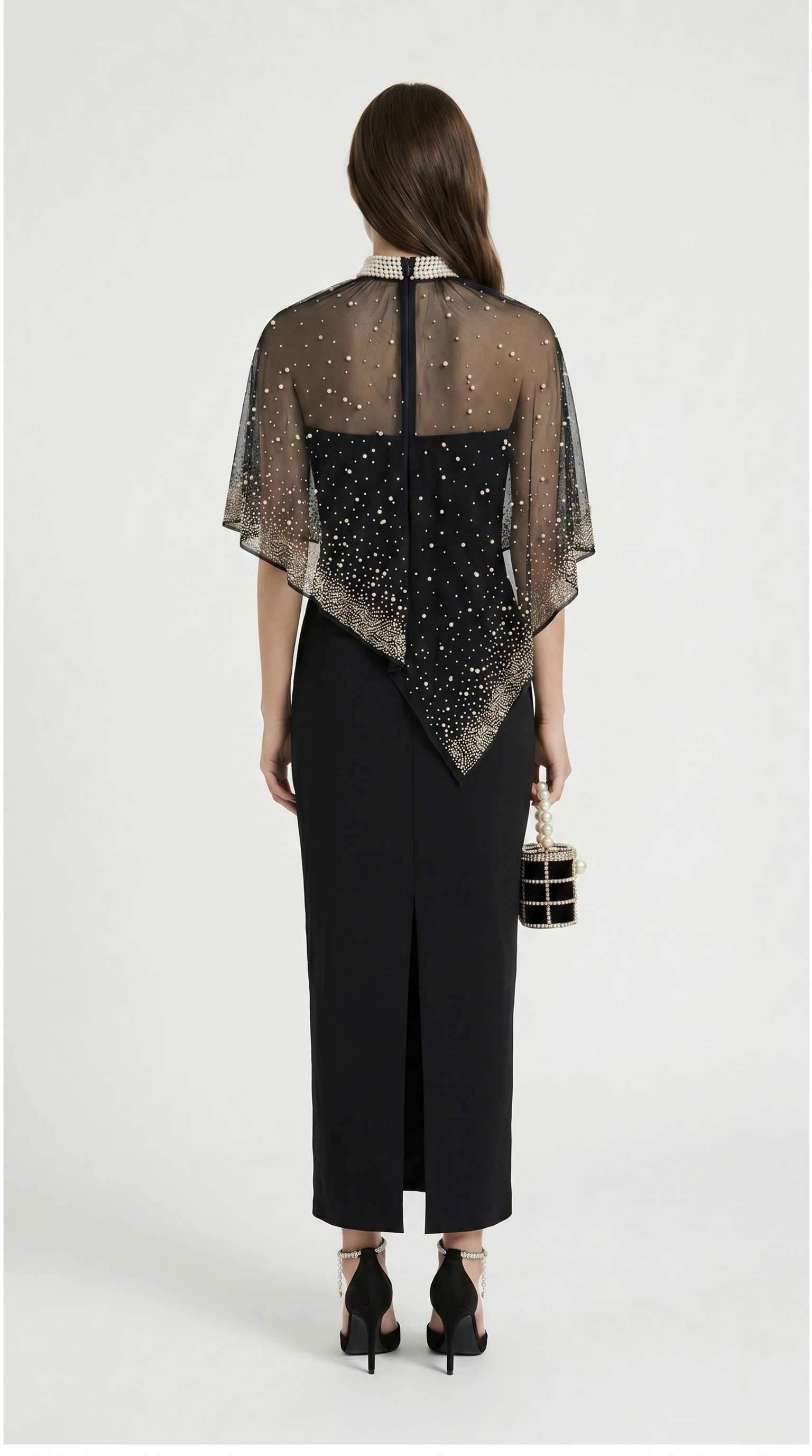 Kami - Pearl-Embellished Cape Maxi Dress