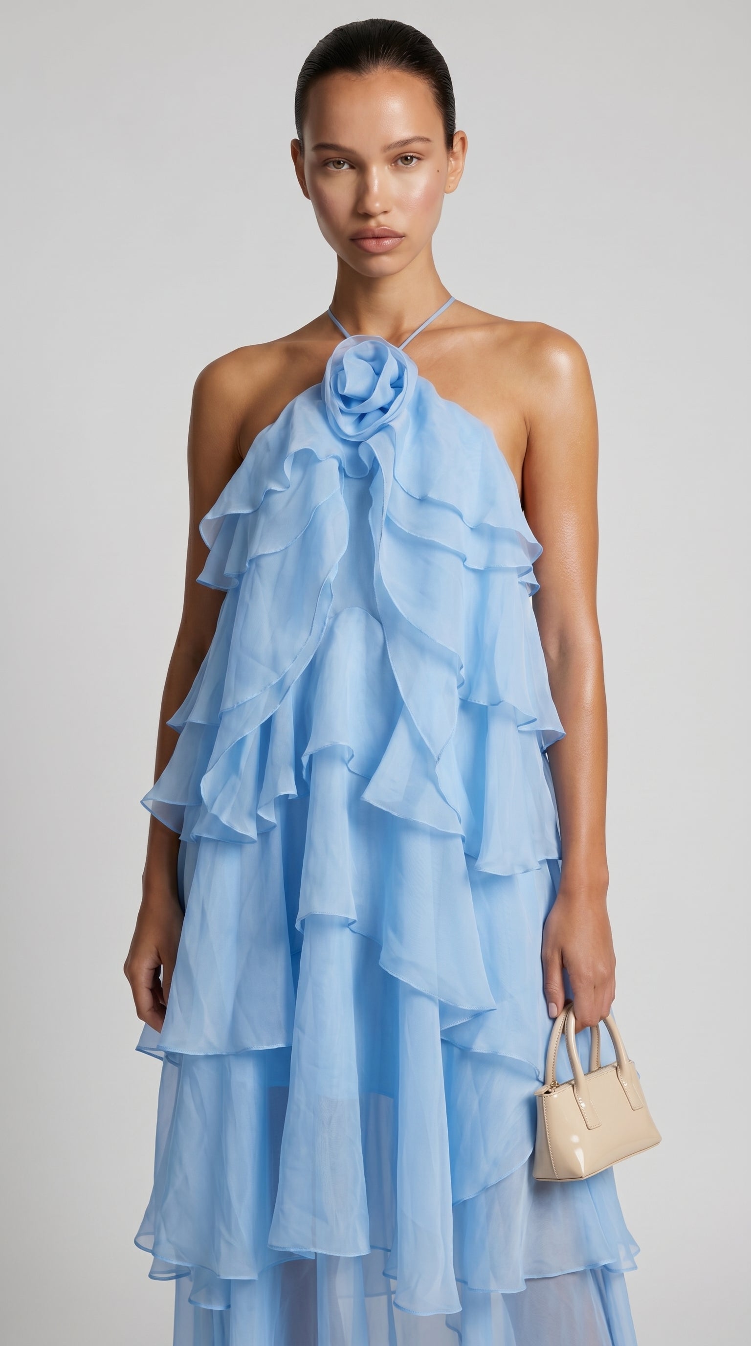 Zeli - Tiered Ruffle Halter Maxi Dress Blue
