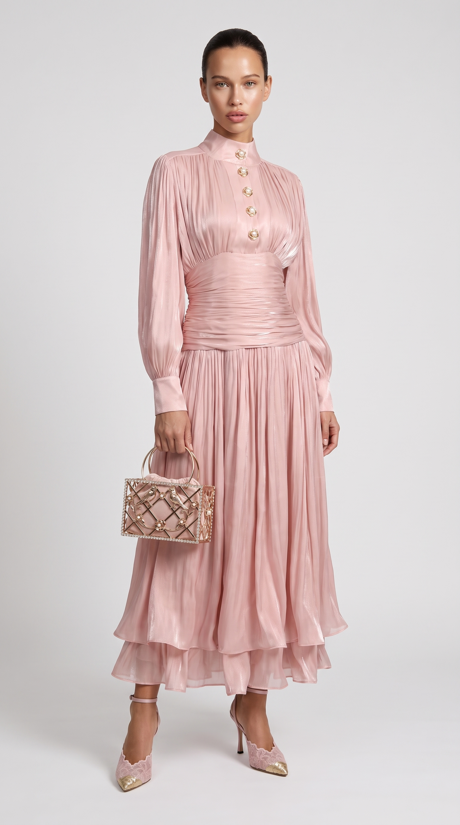 Sandra - Ruched High-Neck Plissé Maxi Gown