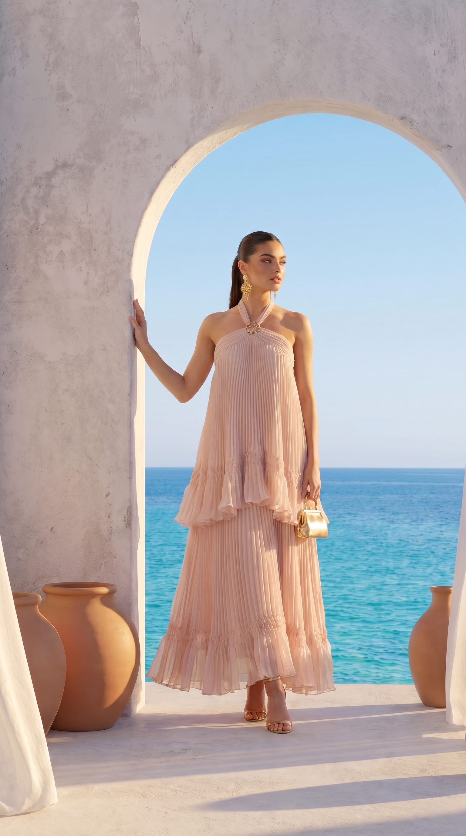 Cyan - Abito lungo plissé a balze con scollo halter