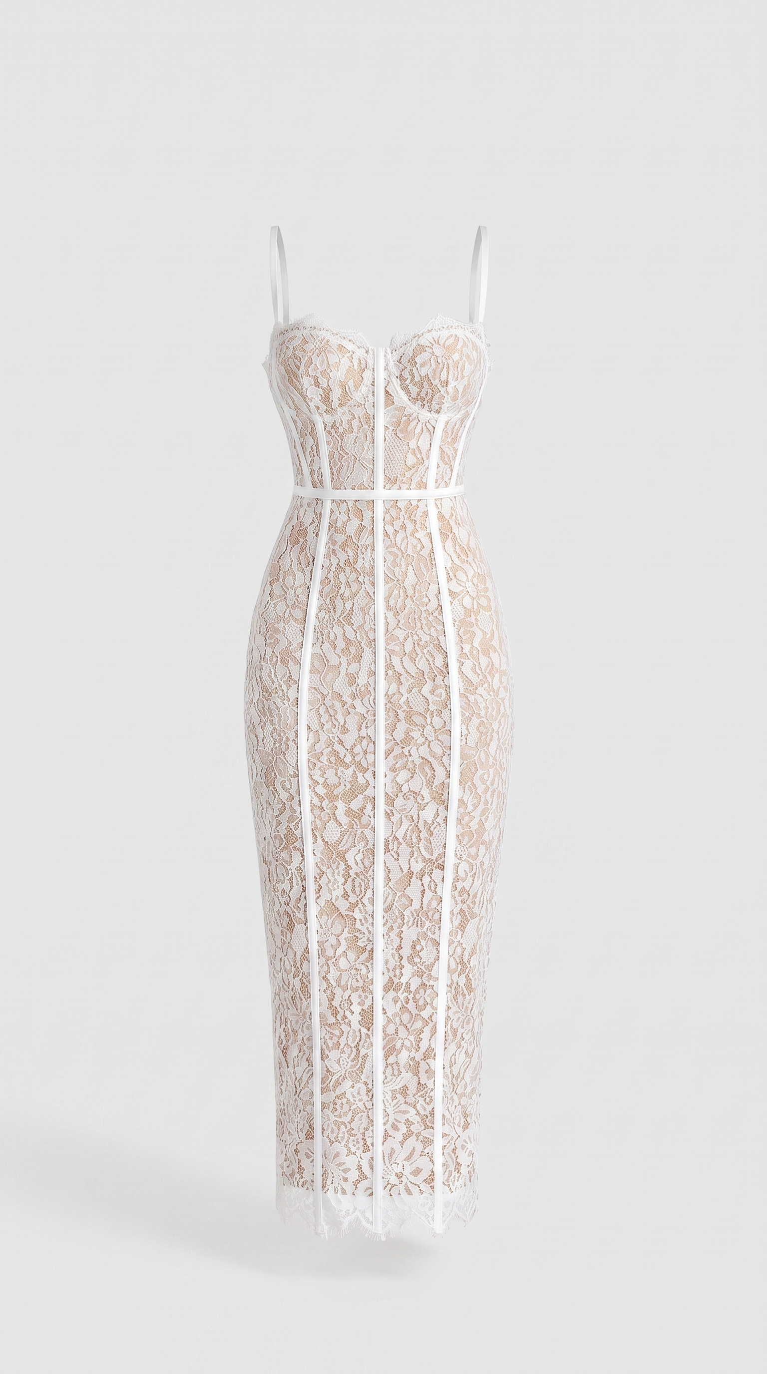 Lotri - Paneled Floral Lace Bustier Midi Dress White