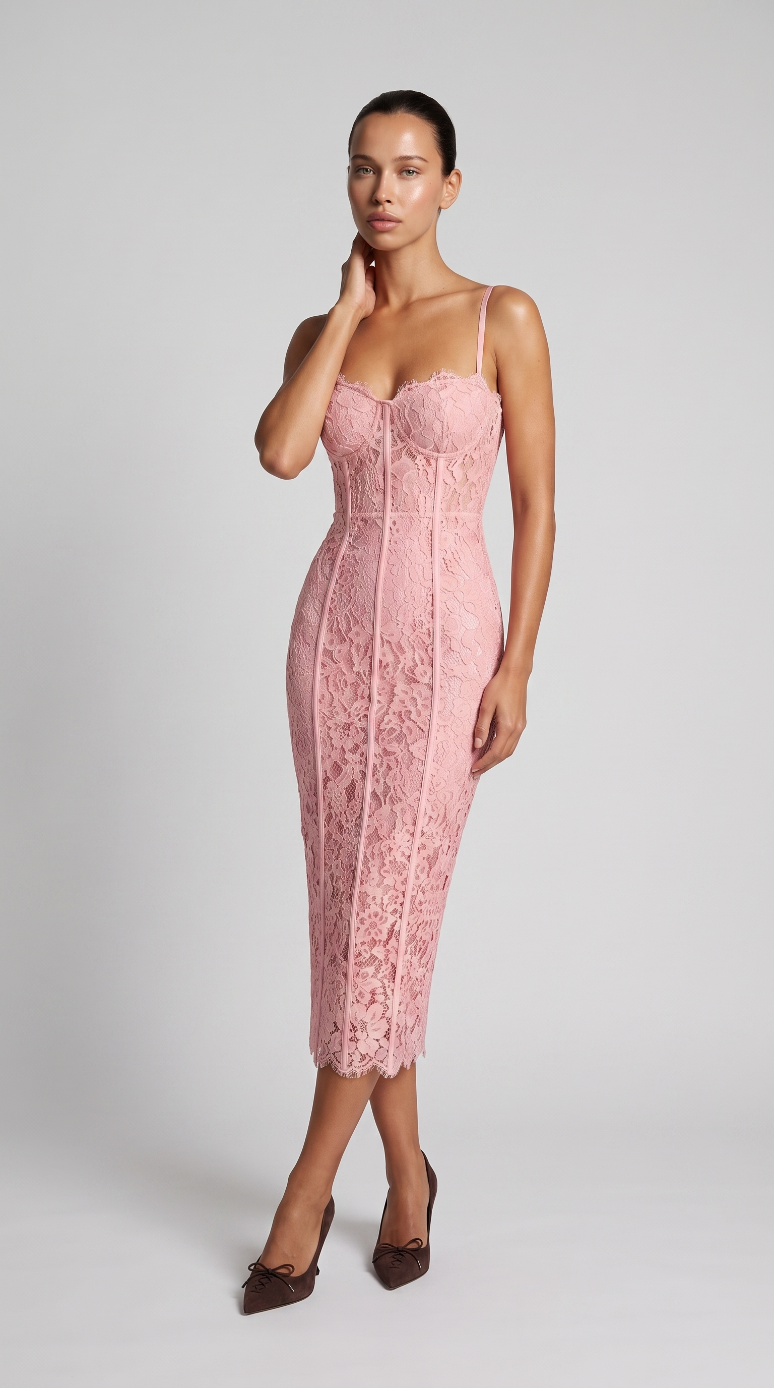 Lotri - Paneled Floral Lace Bustier Midi Dress Pink