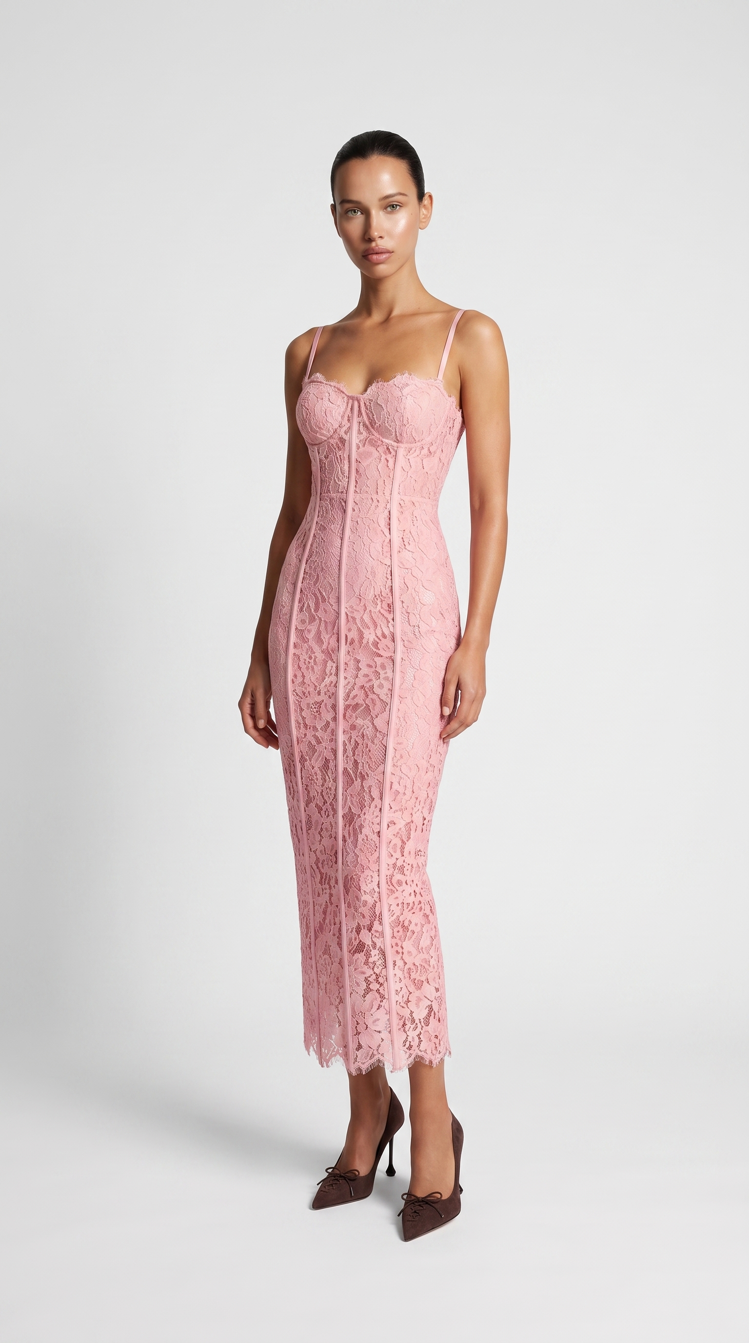 Lotri - Paneled Floral Lace Bustier Midi Dress Pink