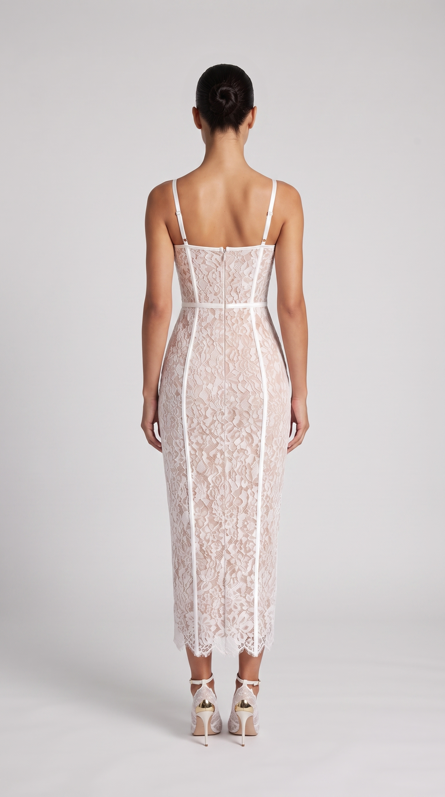 Lotri - Paneled Floral Lace Bustier Midi Dress White