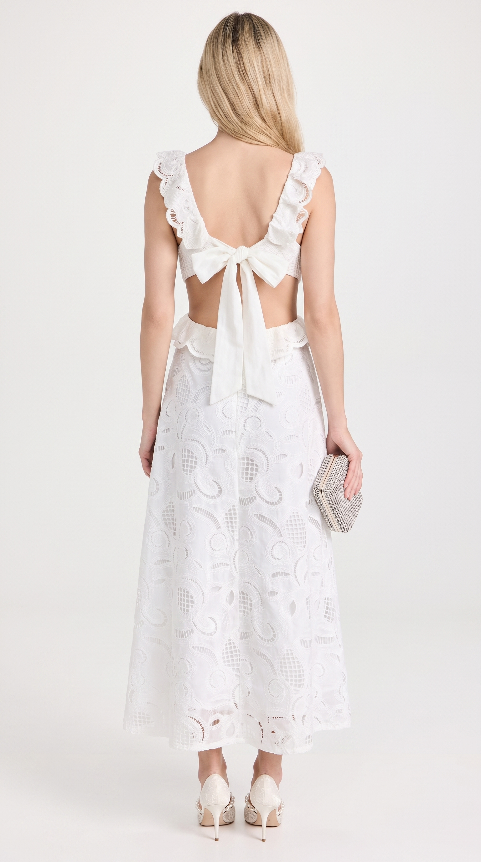 Venta - Volantkleid mit Lochstickerei und Cut-Outs, Midi, Weiß