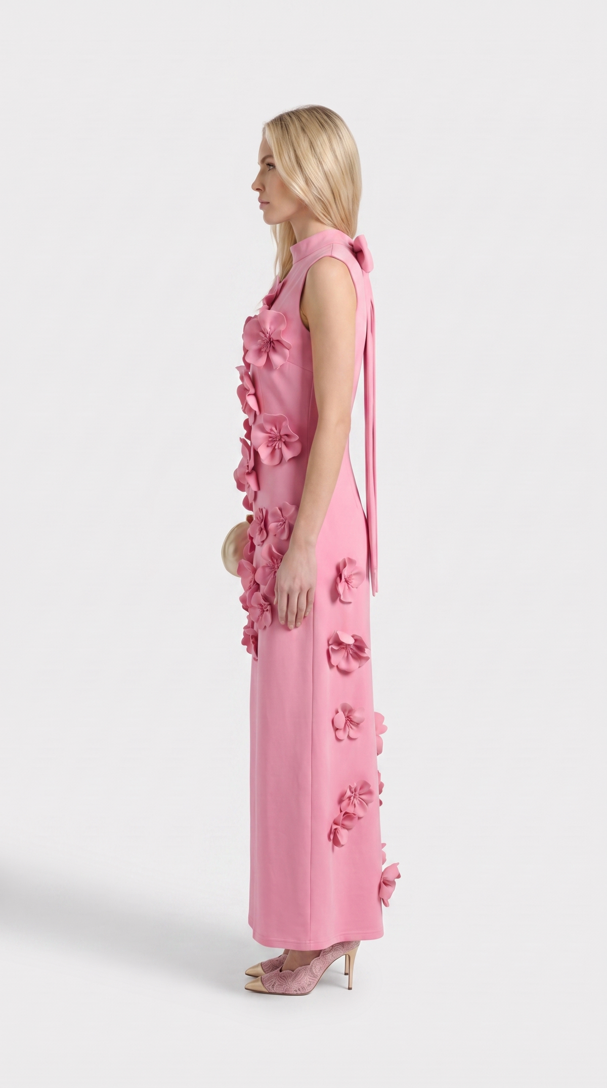 Conta - 3D Floral Appliqué Mock-Neck Maxi Gown Pink