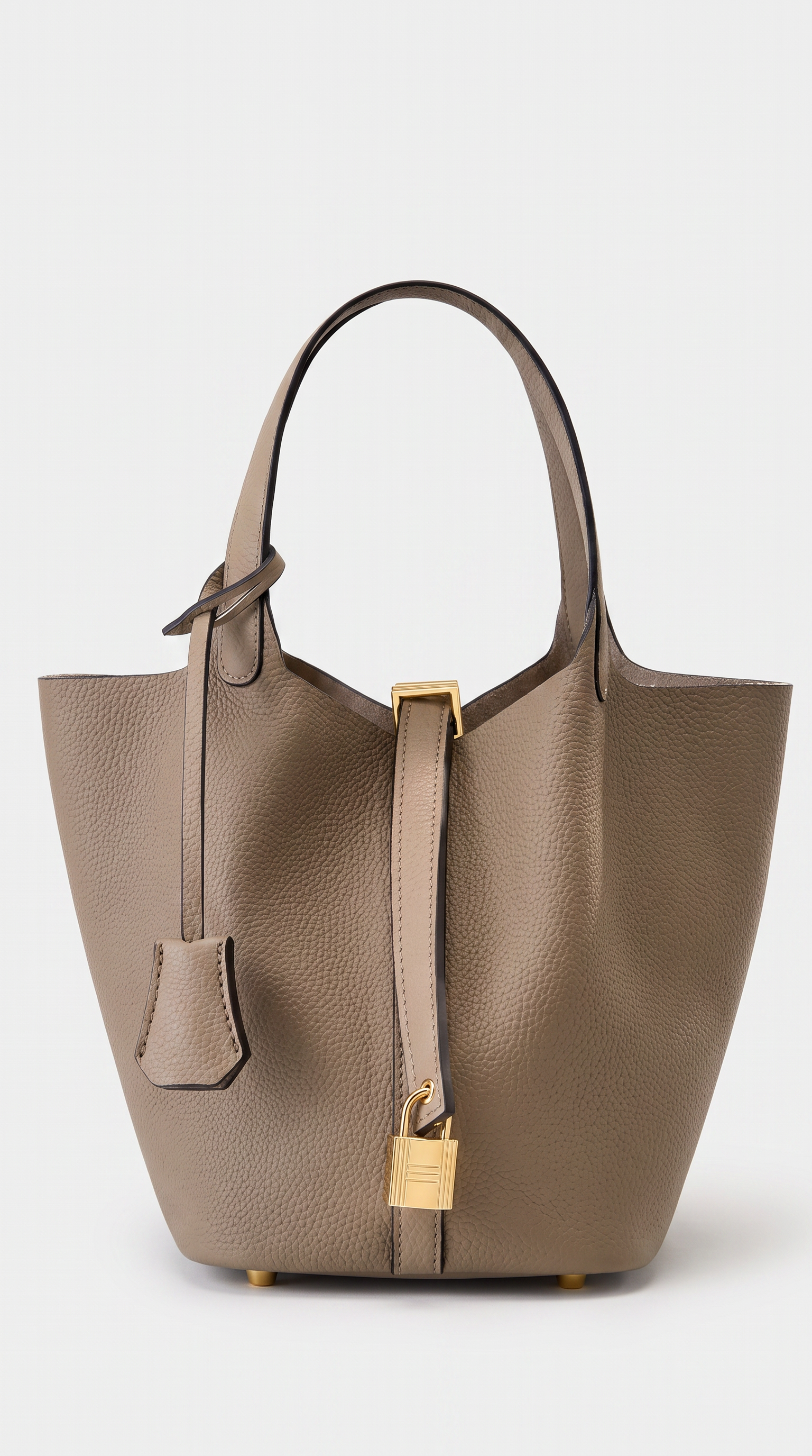 Naia - Pebbled Leather Padlock Bucket Tote Bag Gray