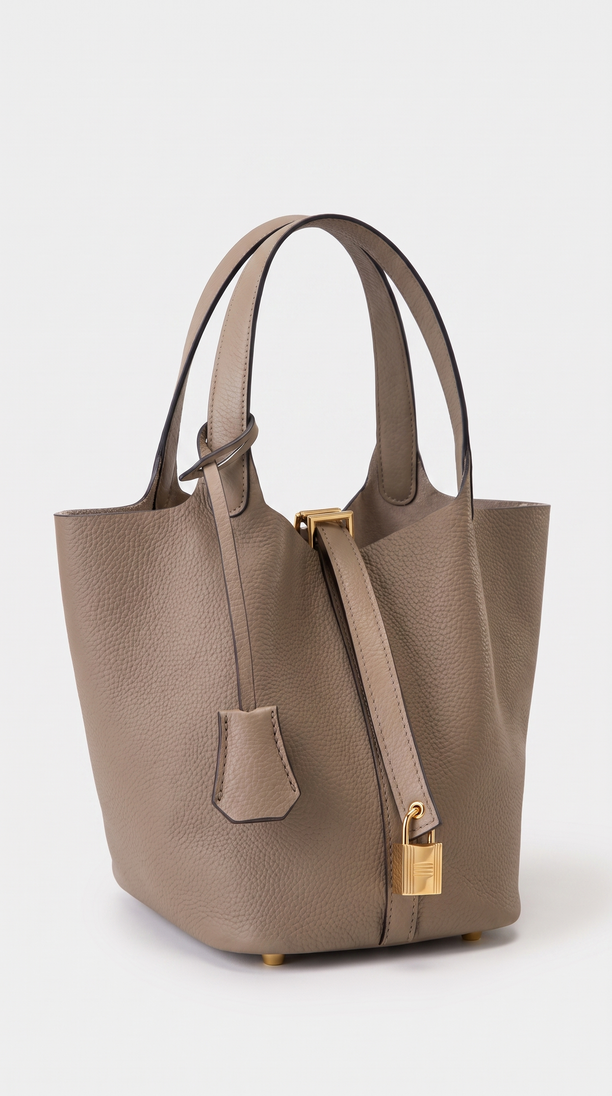 Naia - Pebbled Leather Padlock Bucket Tote Bag Gray