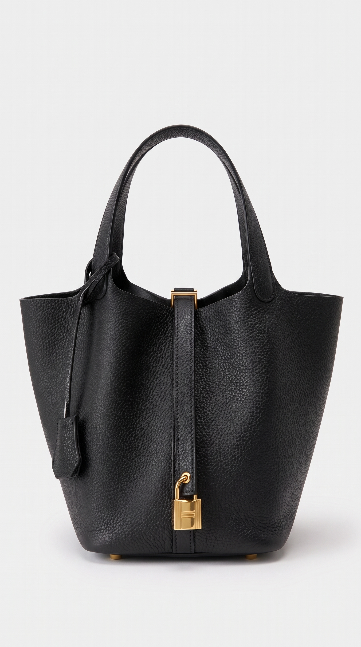 Naia - Pebbled Leather Padlock Bucket Tote Bag Black