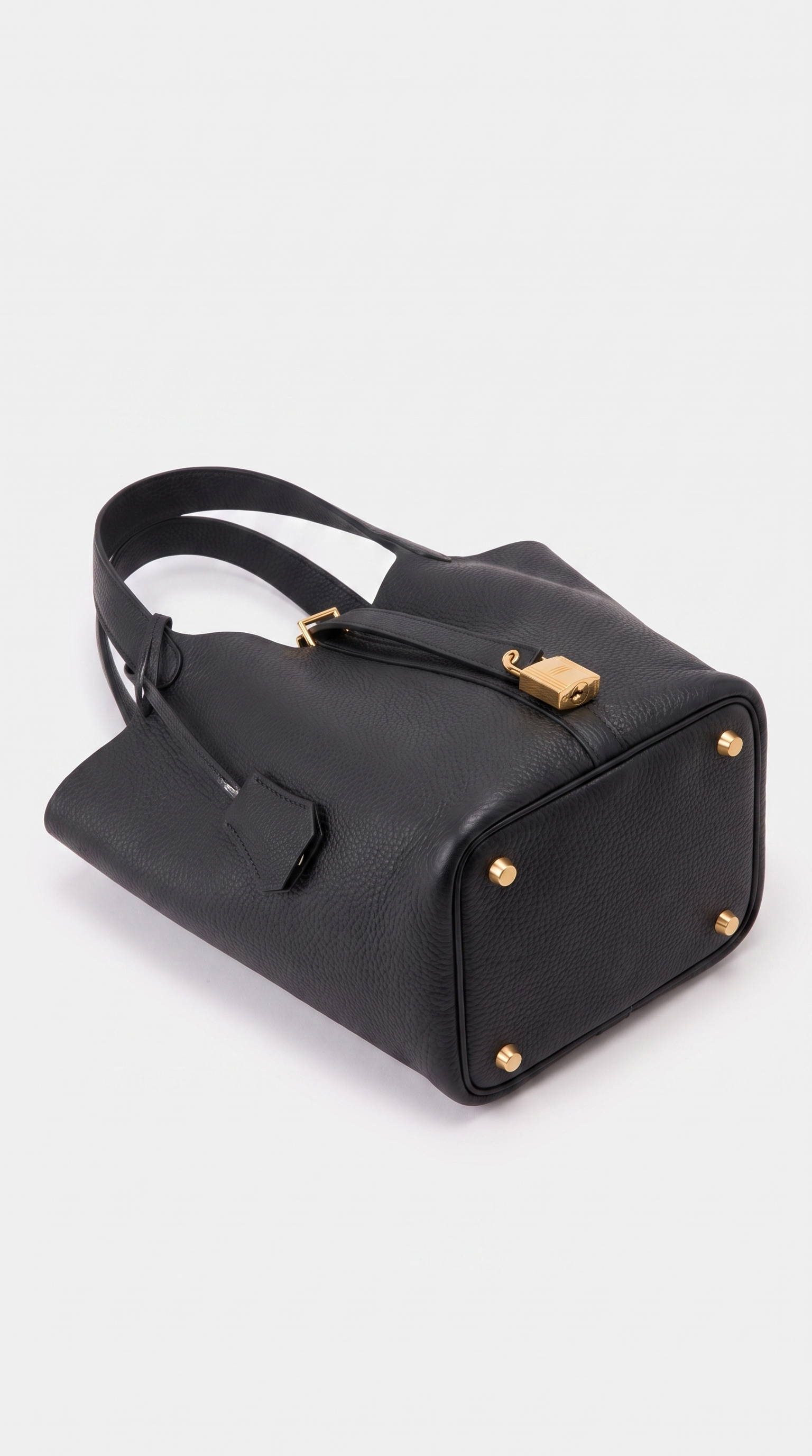 Naia - Pebbled Leather Padlock Bucket Tote Bag Black