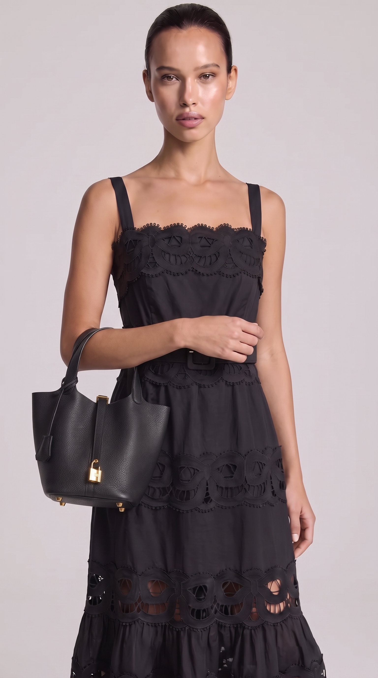 Naia - Pebbled Leather Padlock Bucket Tote Bag Black