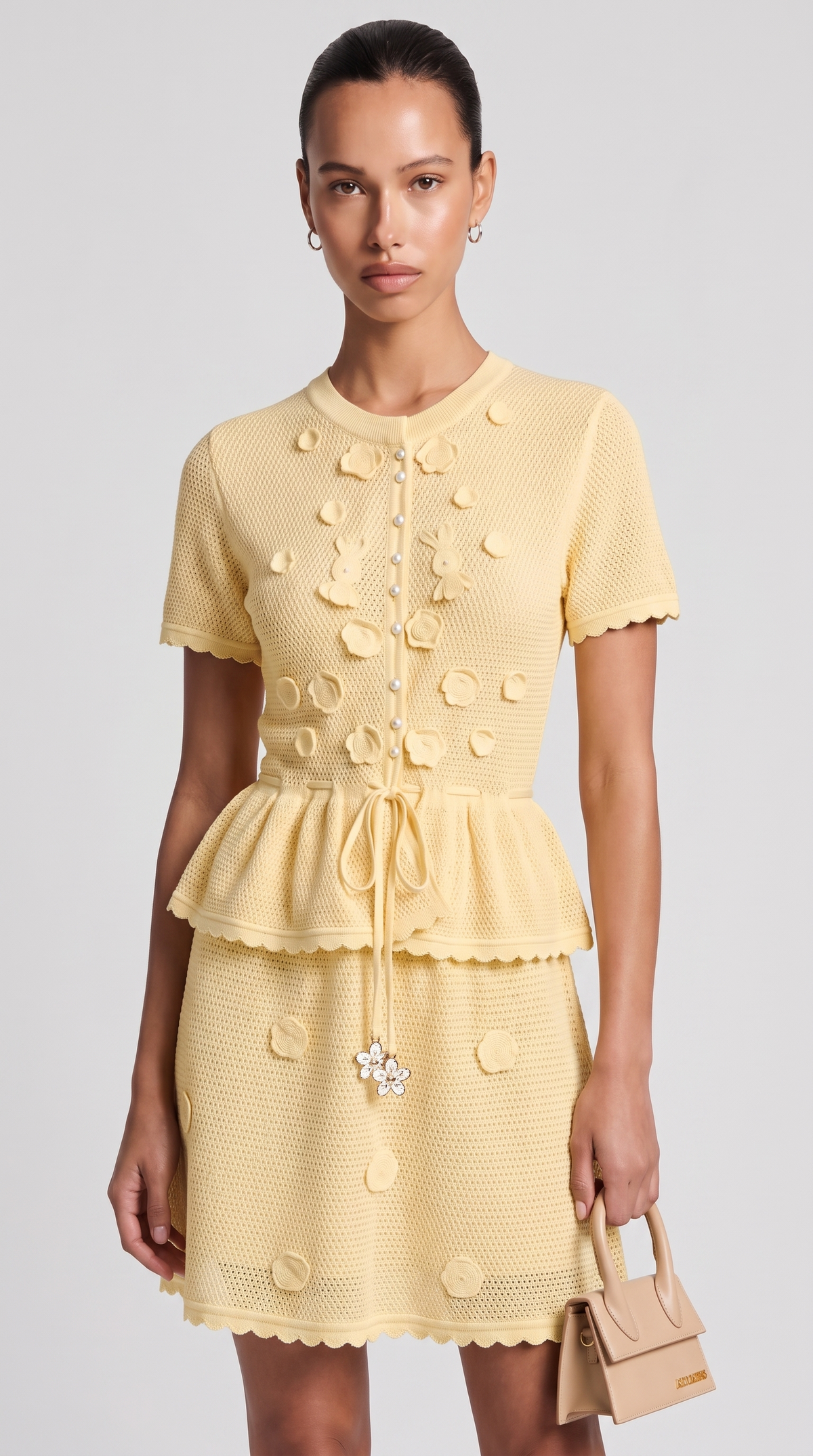 Alsi - 3D Floral-Appliqué Knit Cardigan & Skirt Set