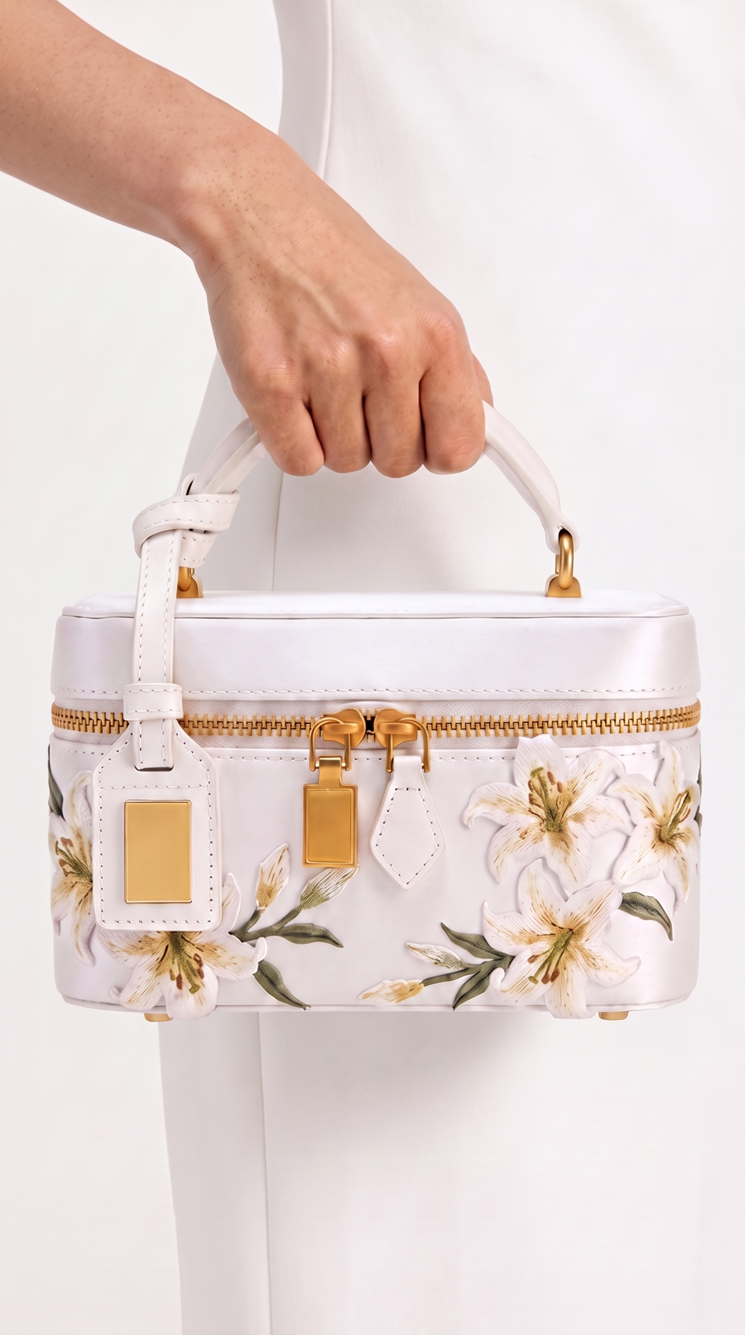 Kiri - Floral Embroidered Satin Vanity Bag White