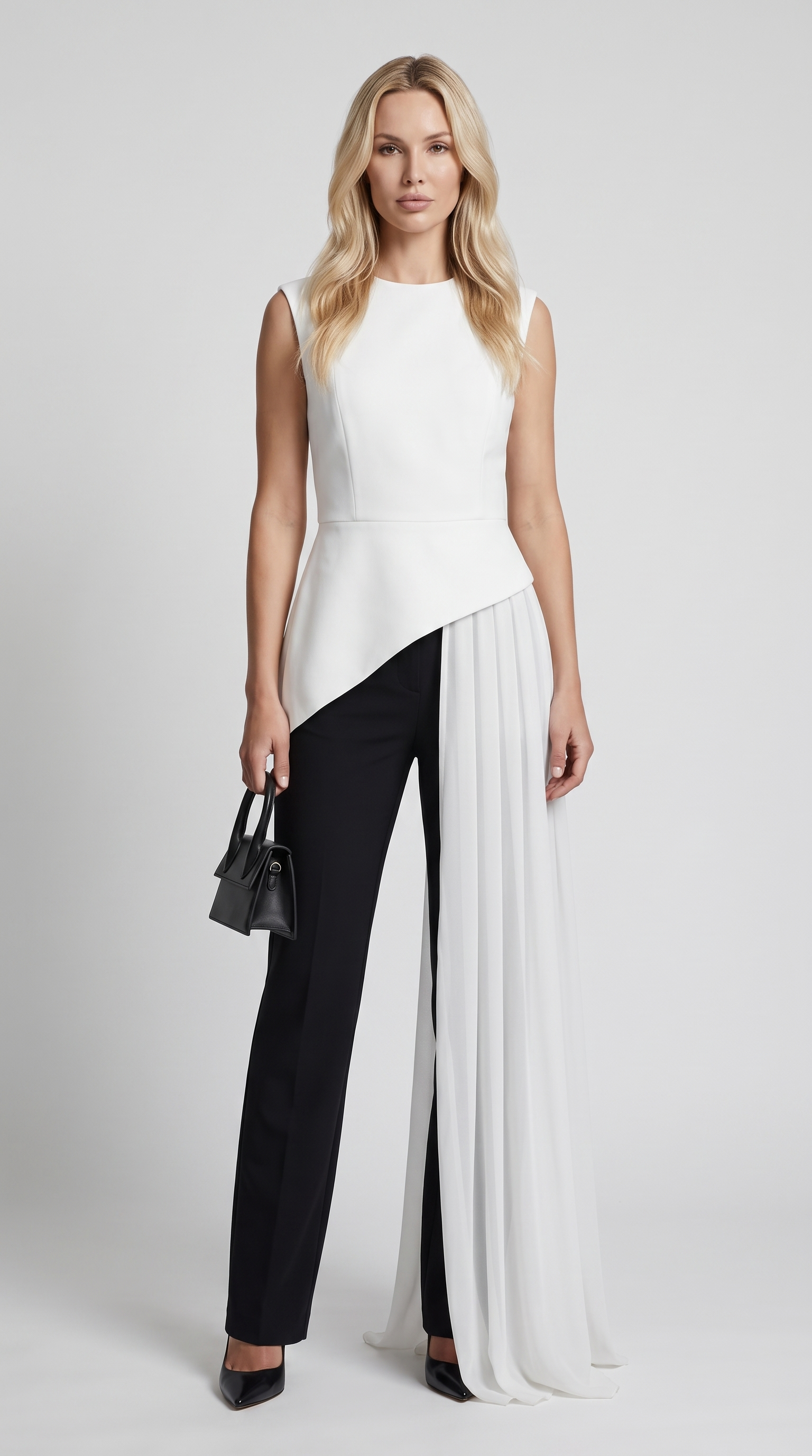 Mara - Asymmetrisches Chiffon Drapiertes Peplum Top Weiß