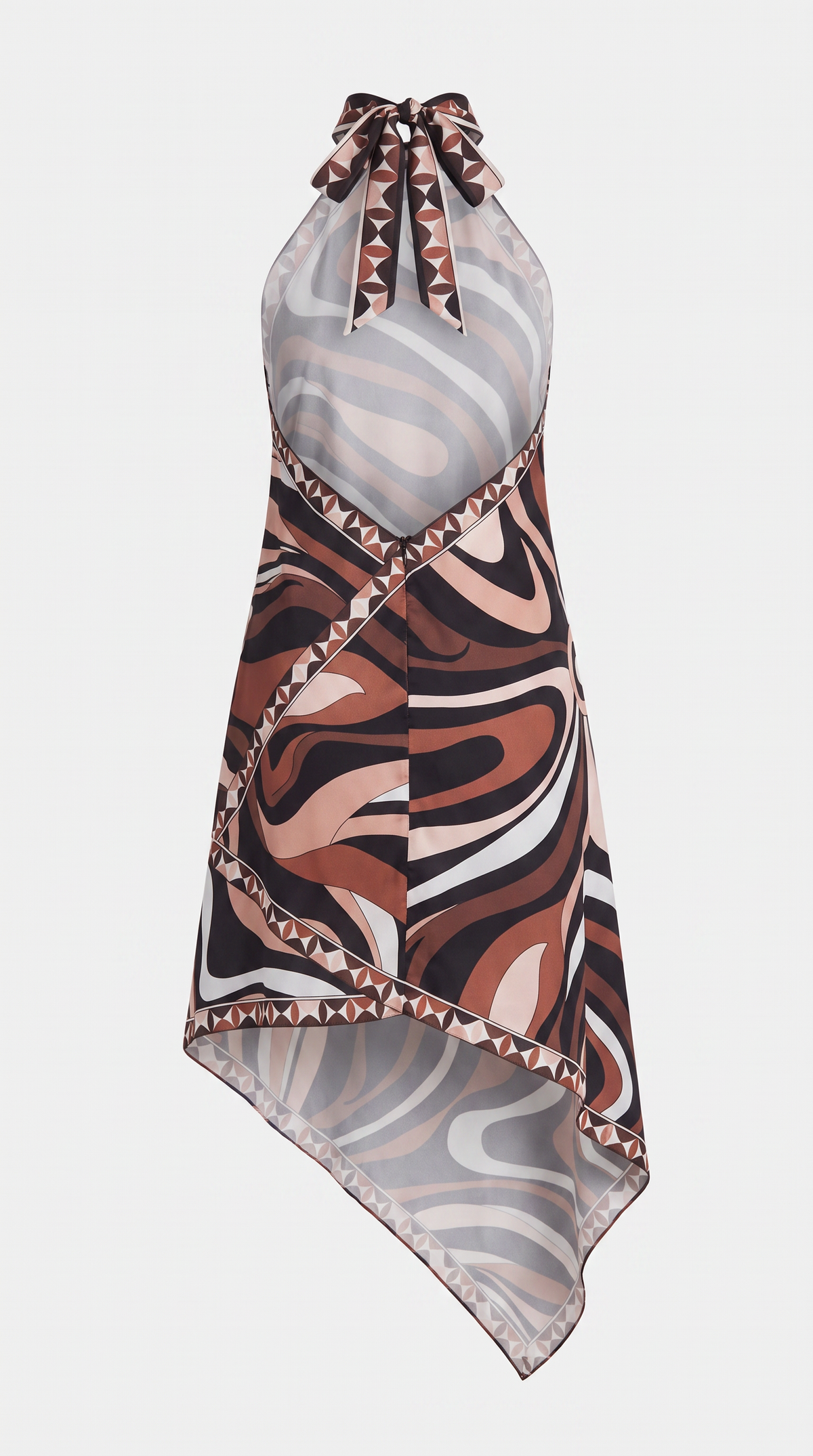 Seli - Graphic Printed Halter Handkerchief Dress Brown